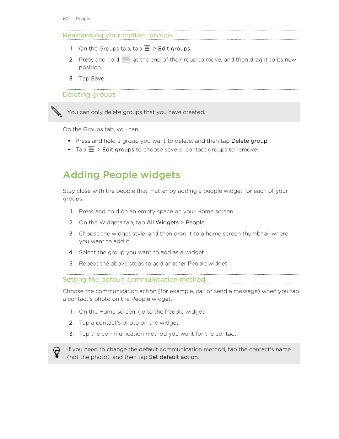 HTC 99HTB007-00 manual Adding People widgets, Rearranging your contact groups, Deleting groups 
