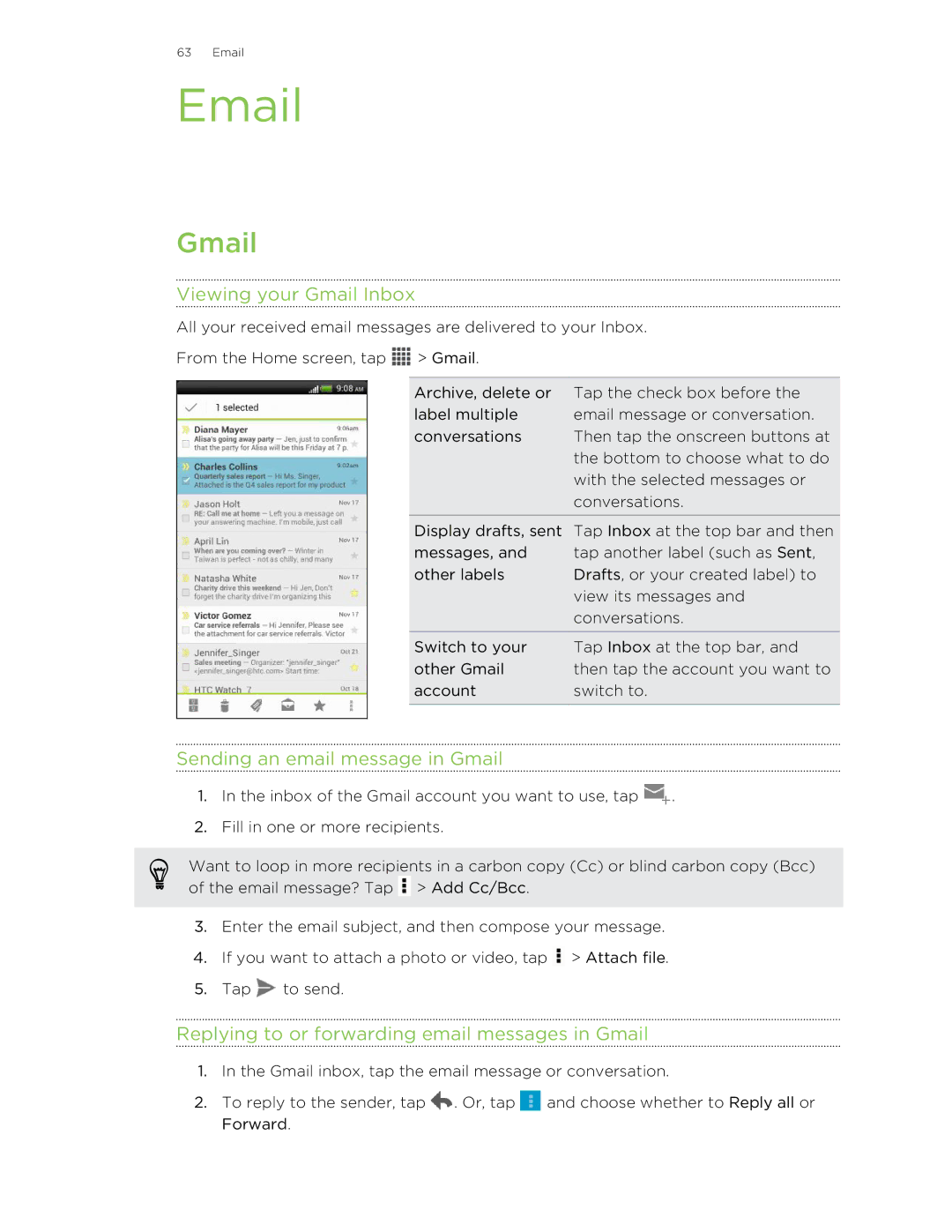 HTC 99HTB007-00 manual Viewing your Gmail Inbox, Sending an email message in Gmail 