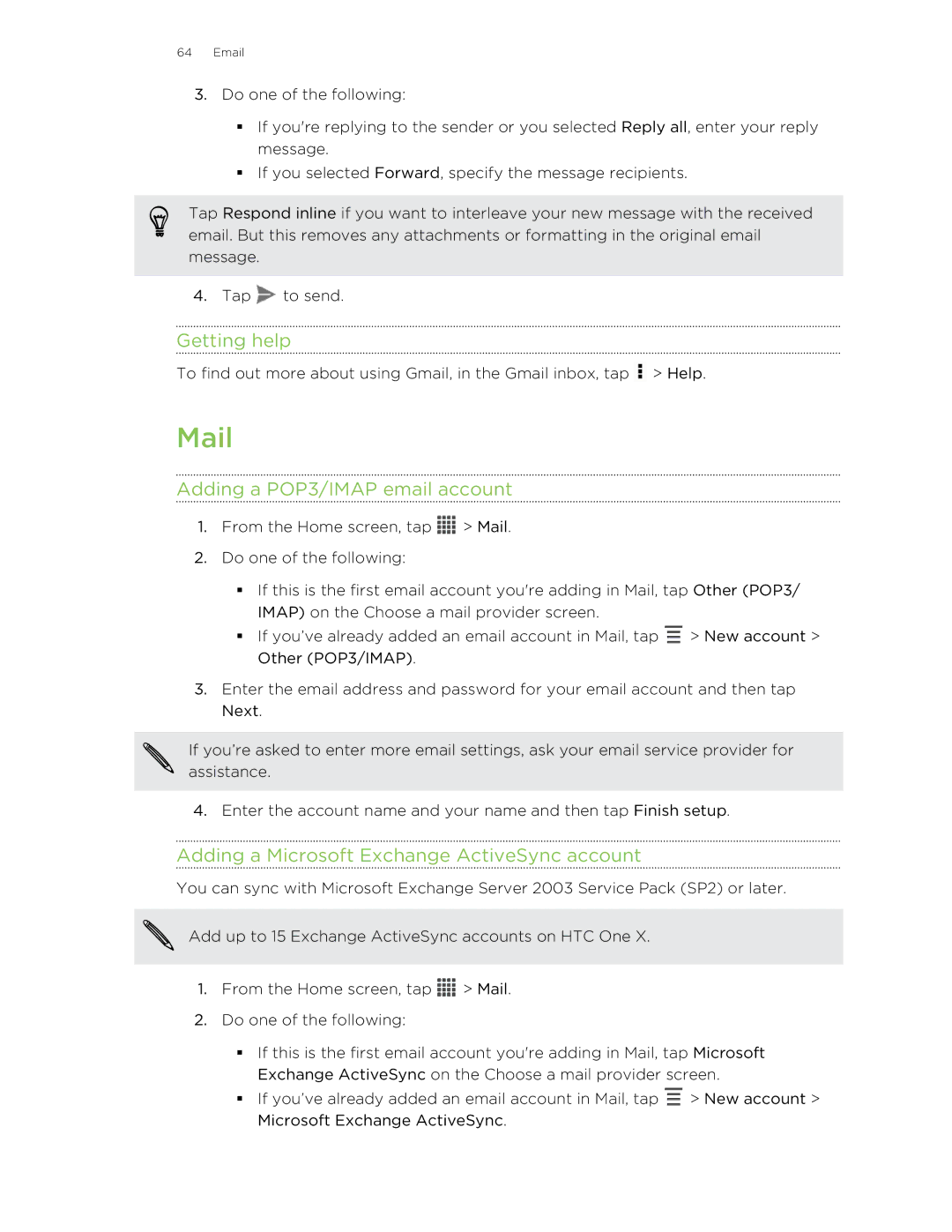 HTC 99HTB007-00 manual Mail, Getting help, Adding a POP3/IMAP email account, Adding a Microsoft Exchange ActiveSync account 