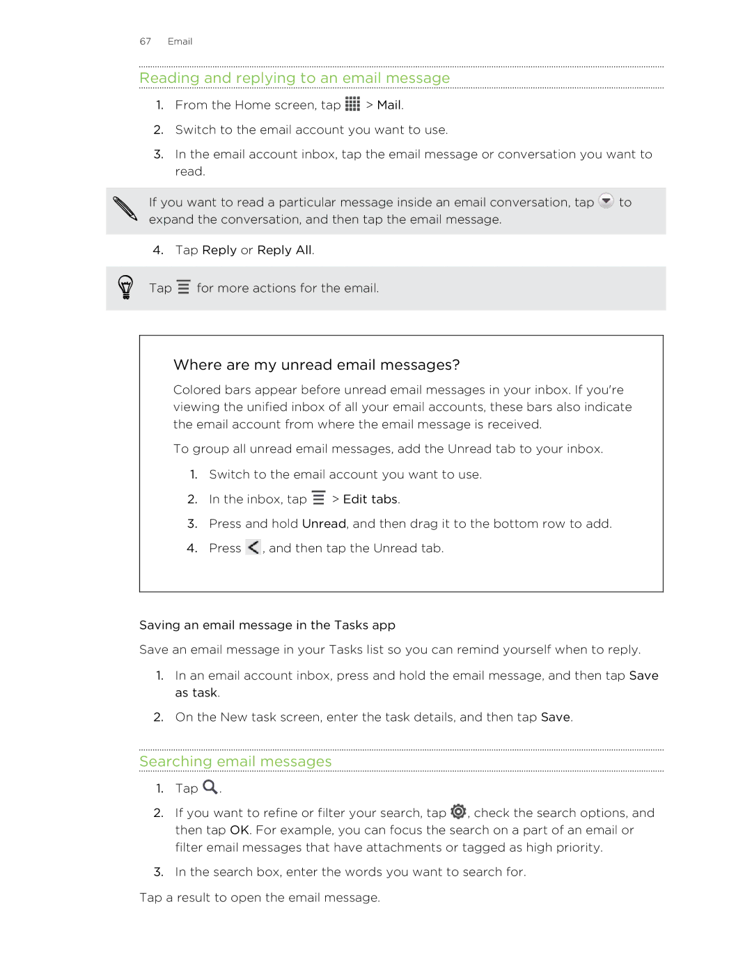 HTC 99HTB007-00 manual Reading and replying to an email message, Searching email messages 