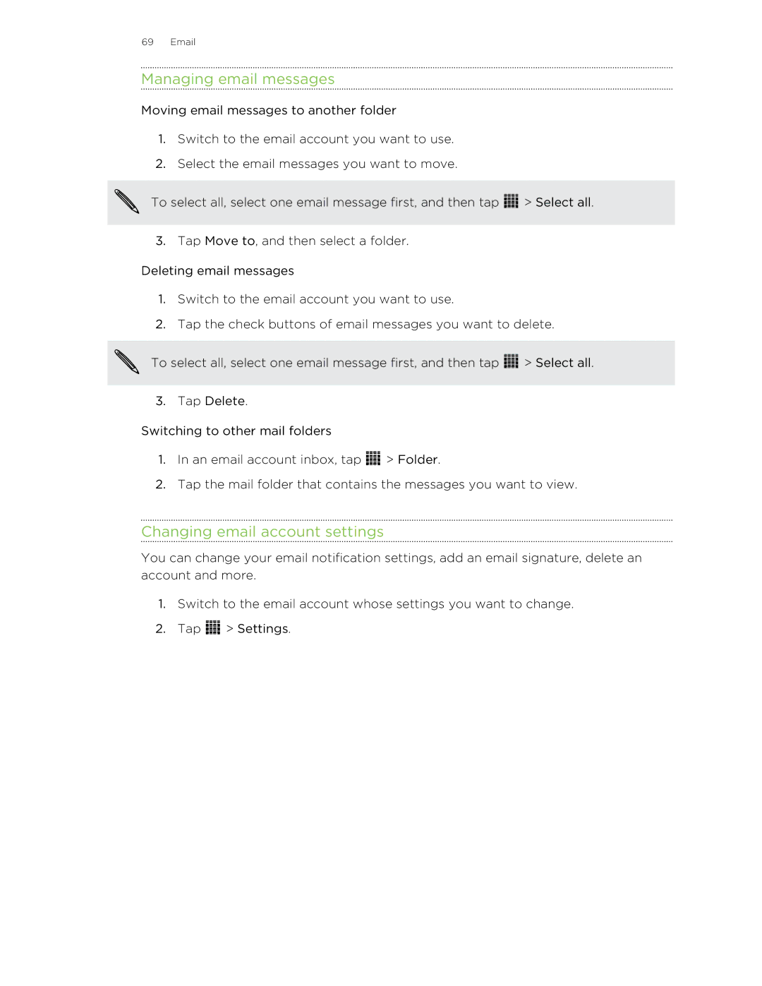 HTC 99HTB007-00 manual Managing email messages, Changing email account settings 