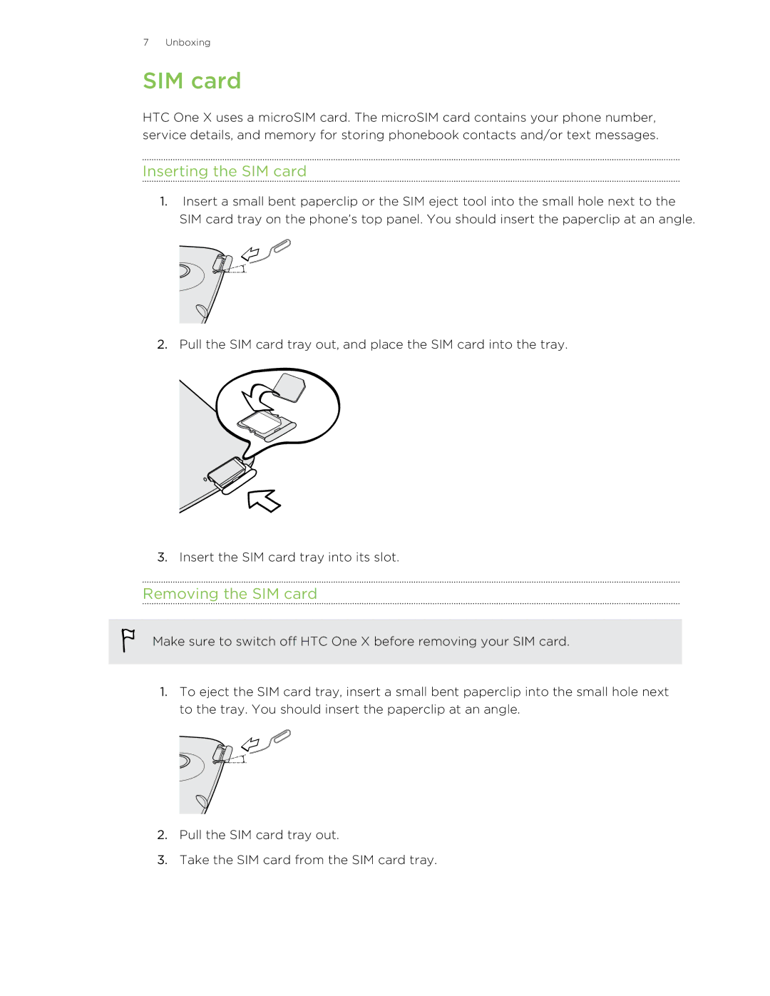 HTC 99HTB007-00 manual Inserting the SIM card, Removing the SIM card 