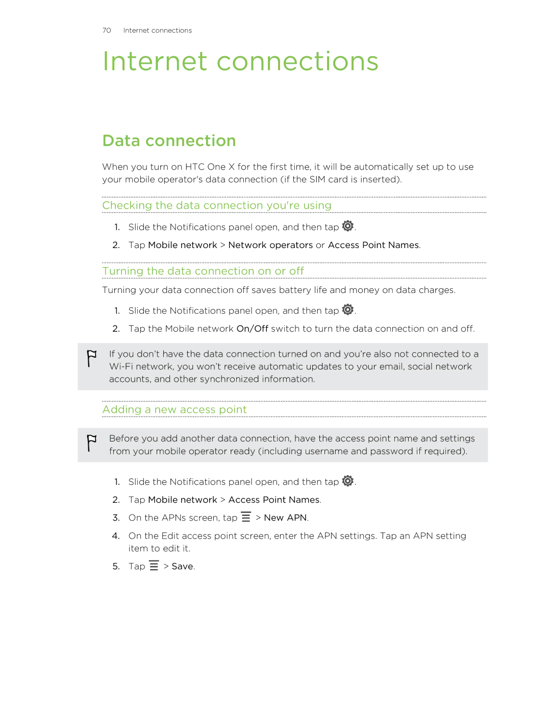 HTC 99HTB007-00 Internet connections, Data connection, Checking the data connection youre using, Adding a new access point 