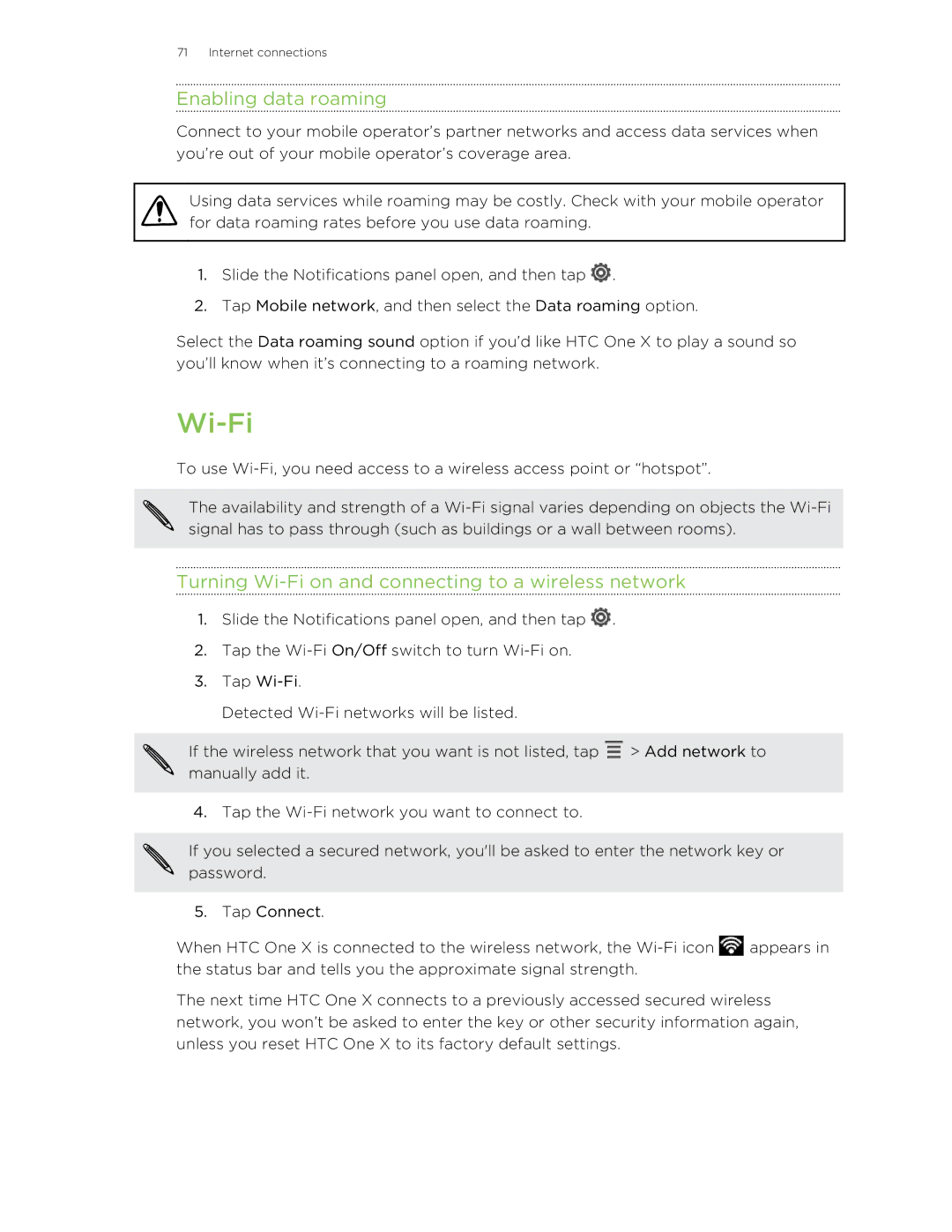 HTC 99HTB007-00 manual Enabling data roaming, Turning Wi-Fi on and connecting to a wireless network 