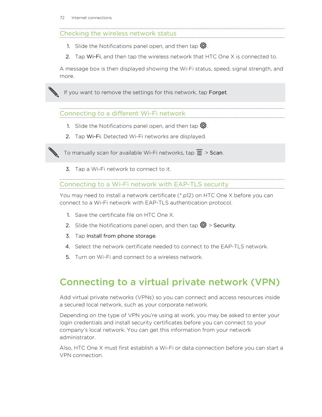 HTC 99HTB007-00 manual Connecting to a virtual private network VPN, Checking the wireless network status 