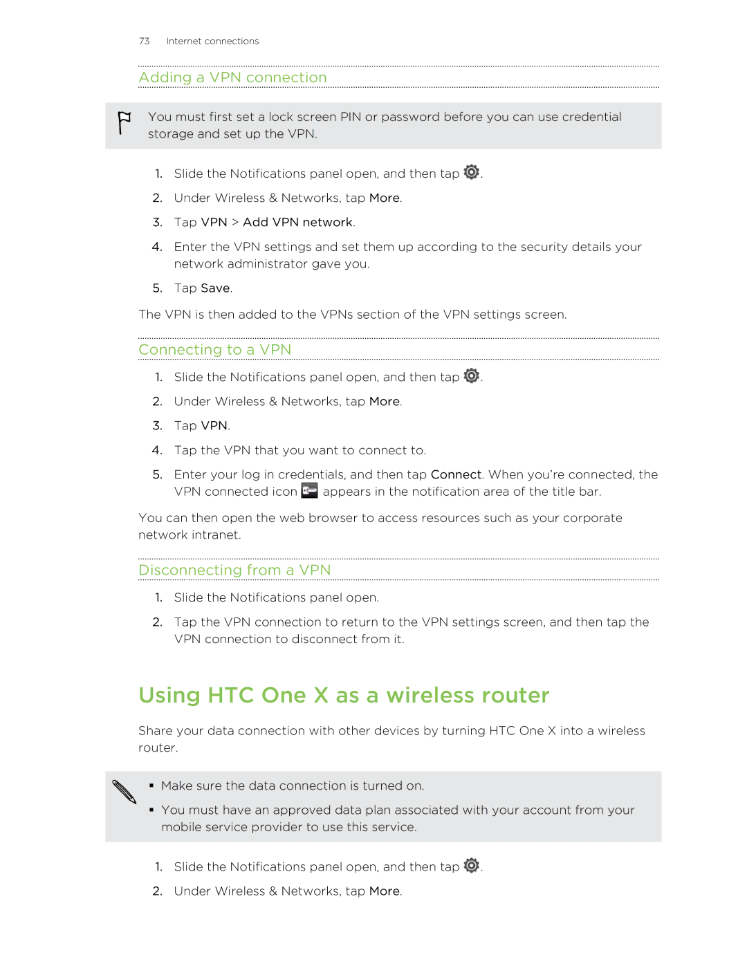 HTC 99HTB007-00 manual Using HTC One X as a wireless router, Adding a VPN connection, Connecting to a VPN 