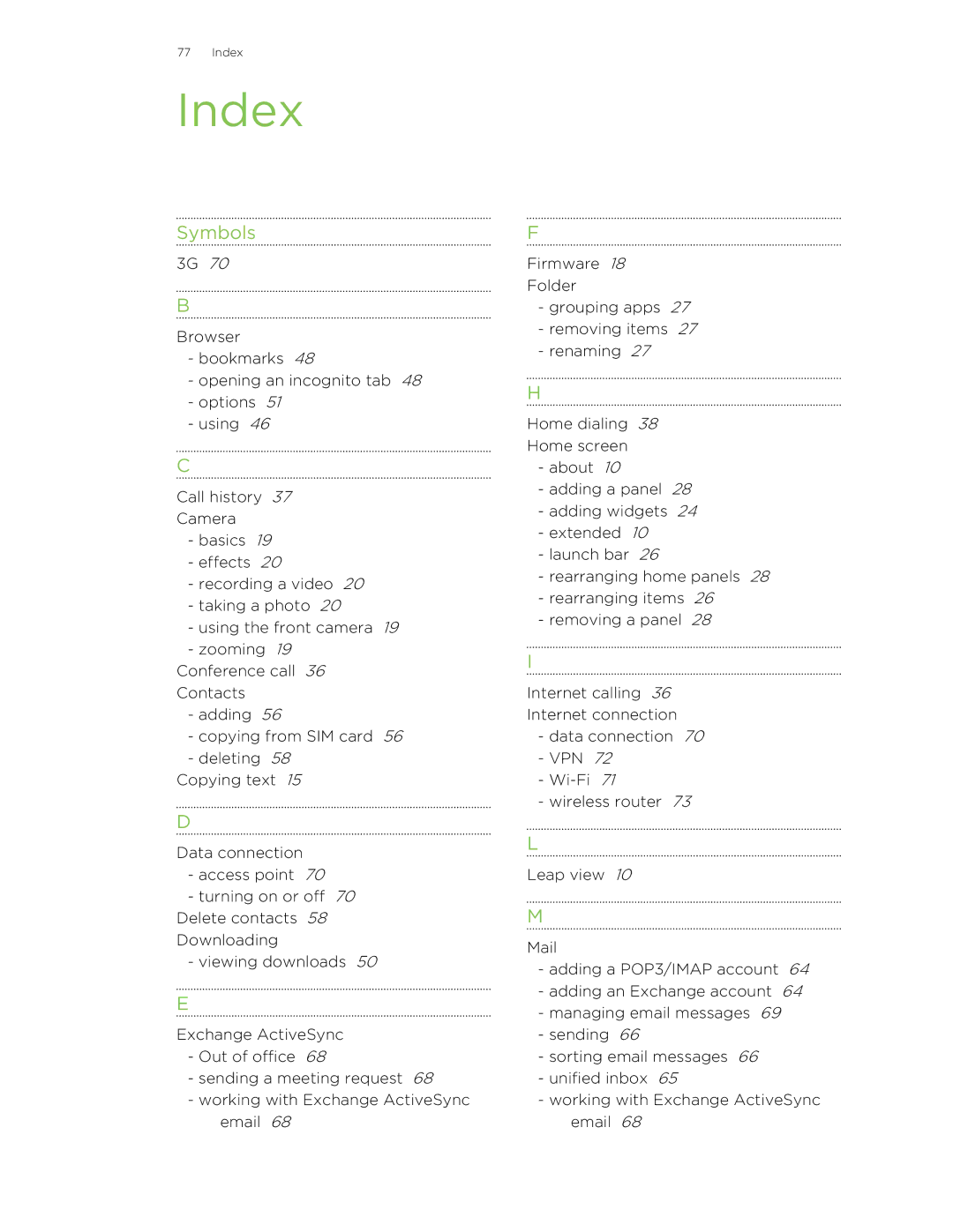 HTC 99HTB007-00 manual Index, Symbols 