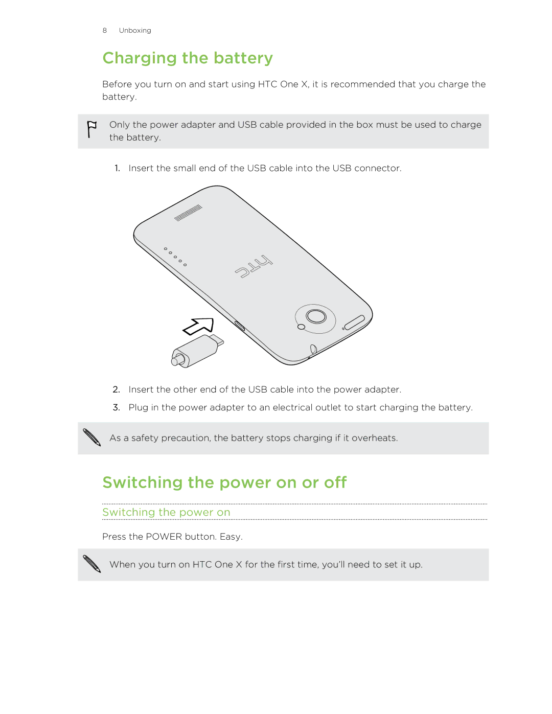 HTC 99HTB007-00 manual Charging the battery, Switching the power on or off 