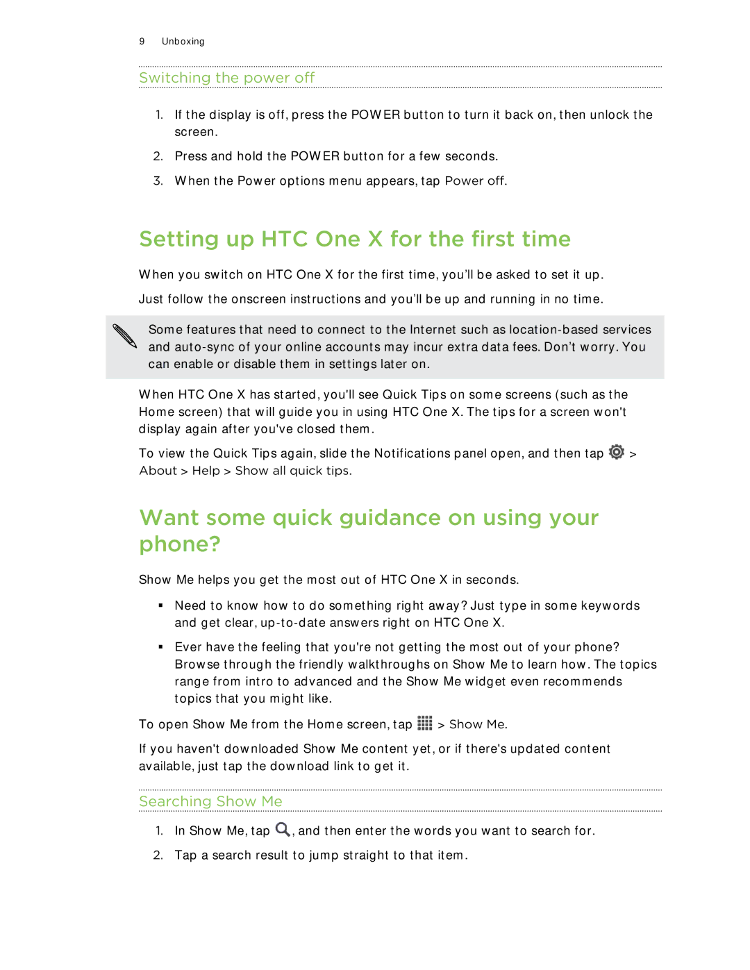 HTC 99HTB007-00 Setting up HTC One X for the first time, Want some quick guidance on using your phone?, Searching Show Me 