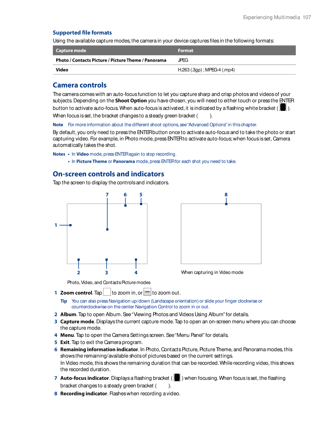 HTC AM171 manual Camera controls, On-screen controls and indicators, Supported file formats 