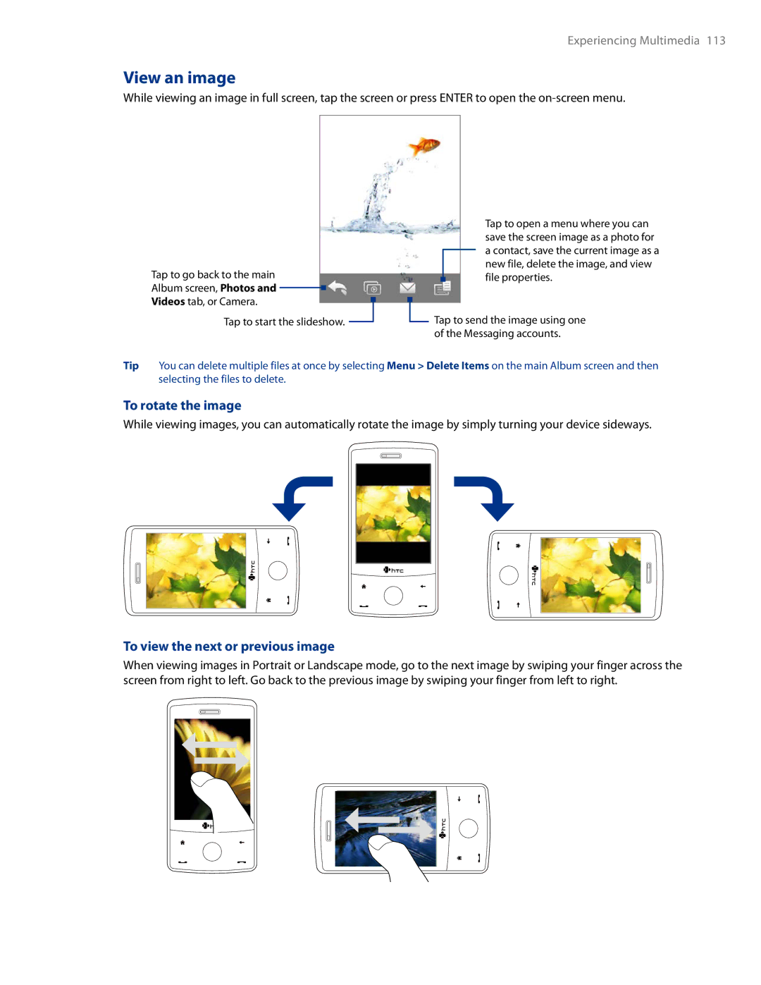 HTC AM171 manual View an image, To rotate the image, To view the next or previous image 