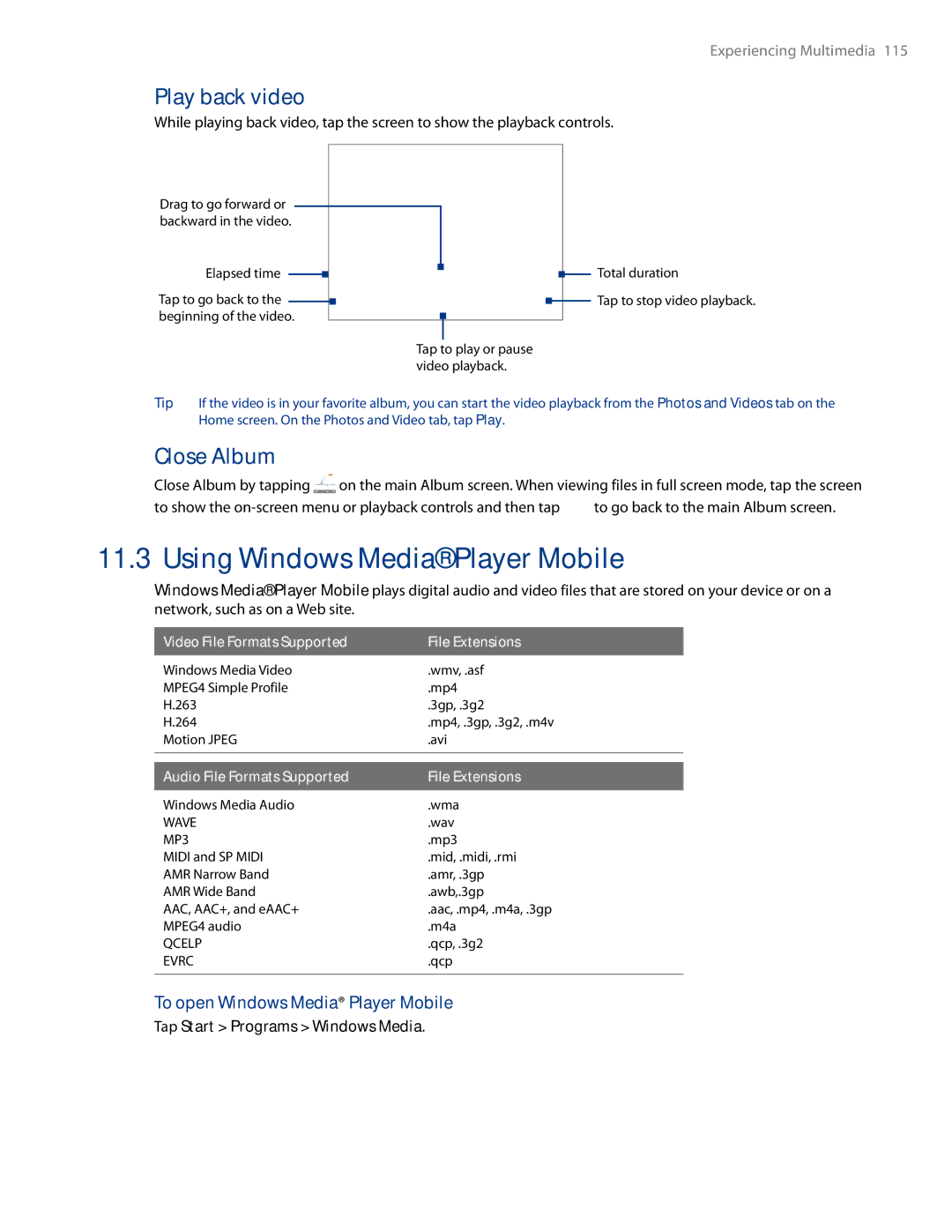 HTC AM171 manual Using Windows Media Player Mobile, Play back video, Close Album, To open Windows Media Player Mobile 