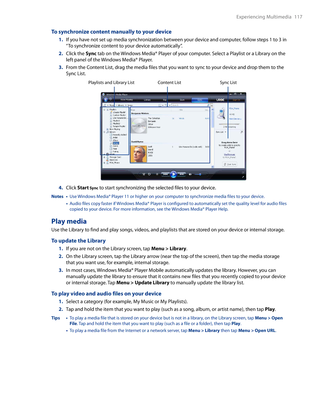 HTC AM171 Play media, To synchronize content manually to your device, To update the Library 