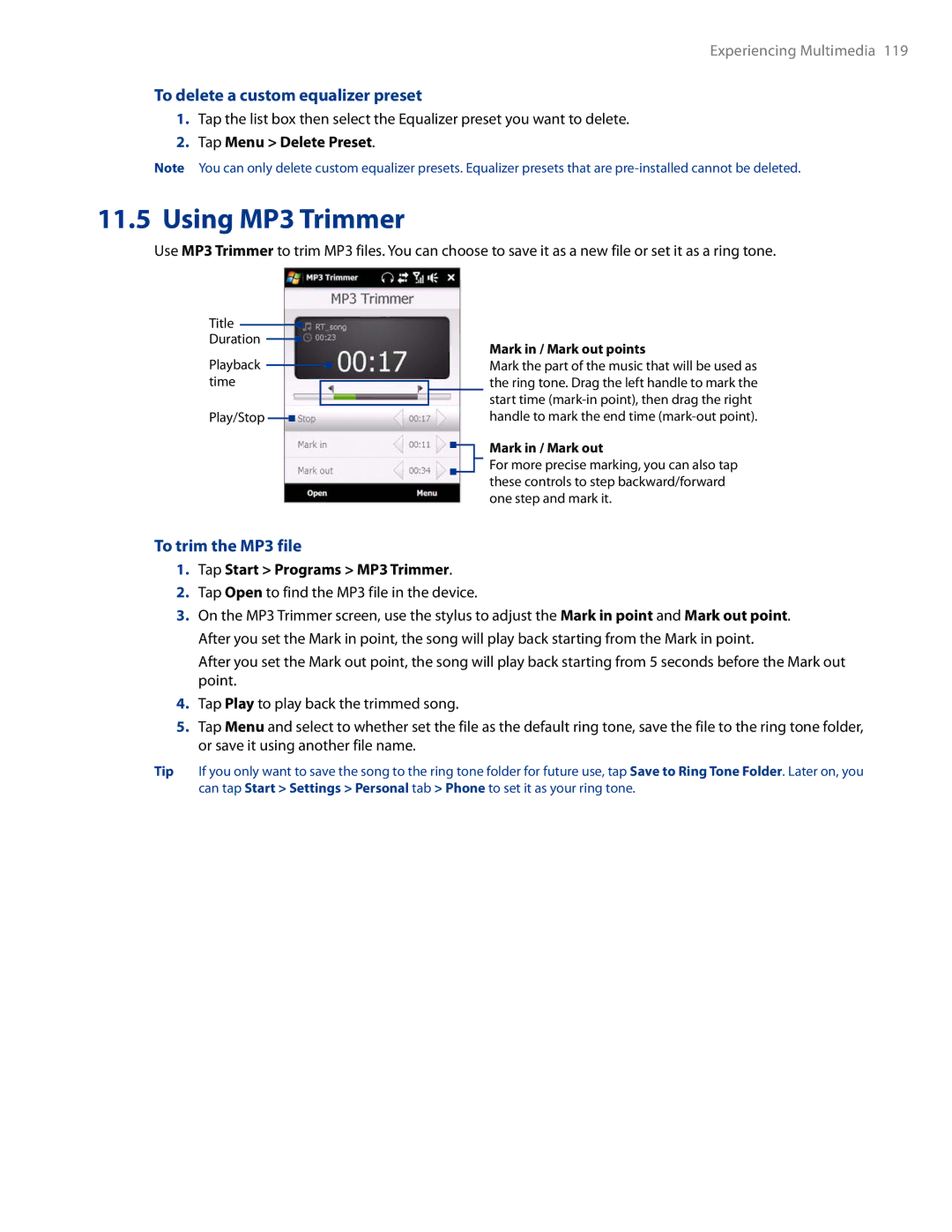 HTC AM171 manual Using MP3 Trimmer, To delete a custom equalizer preset, To trim the MP3 file, Tap Menu Delete Preset 