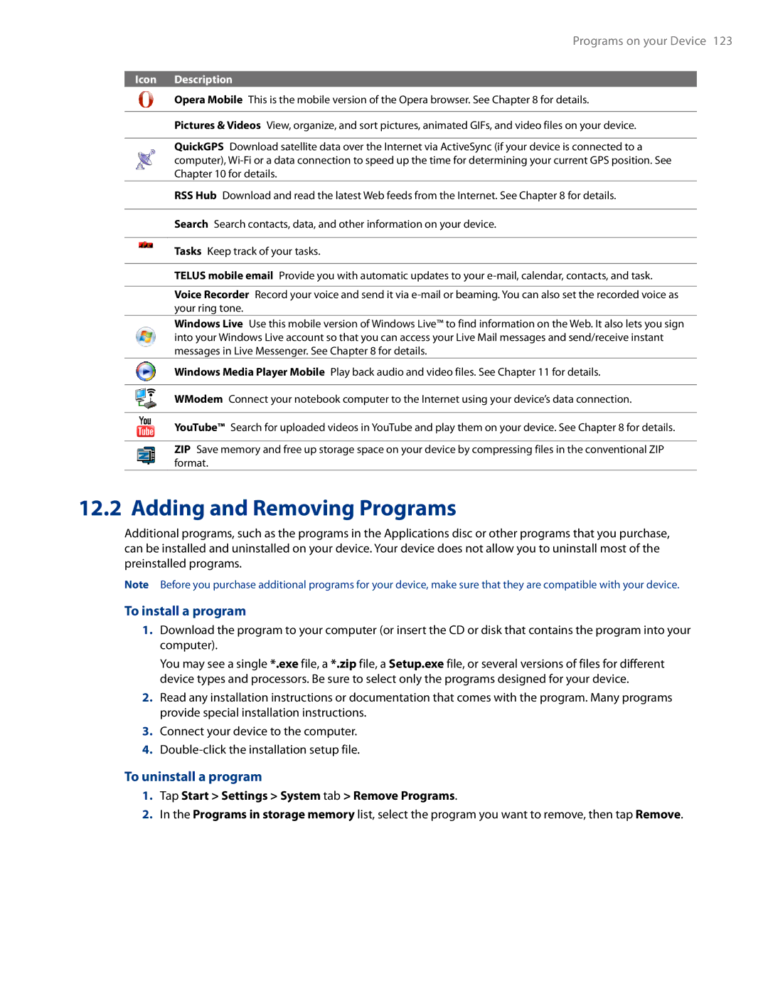 HTC AM171 manual Adding and Removing Programs, To install a program, To uninstall a program 