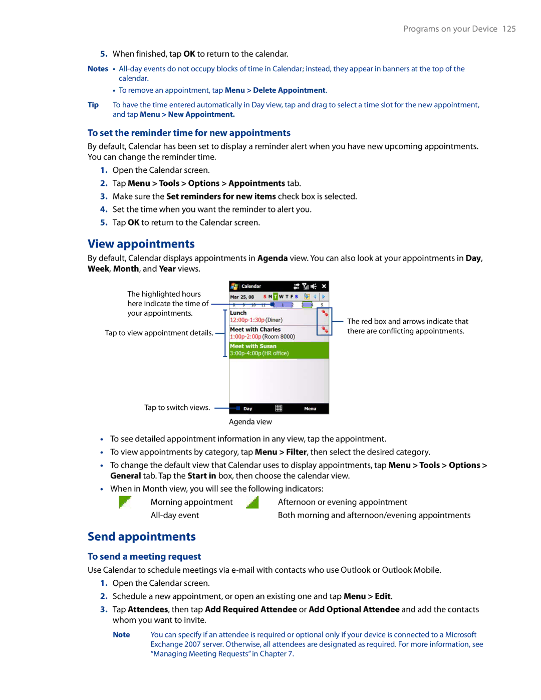 HTC AM171 View appointments, Send appointments, To set the reminder time for new appointments, To send a meeting request 