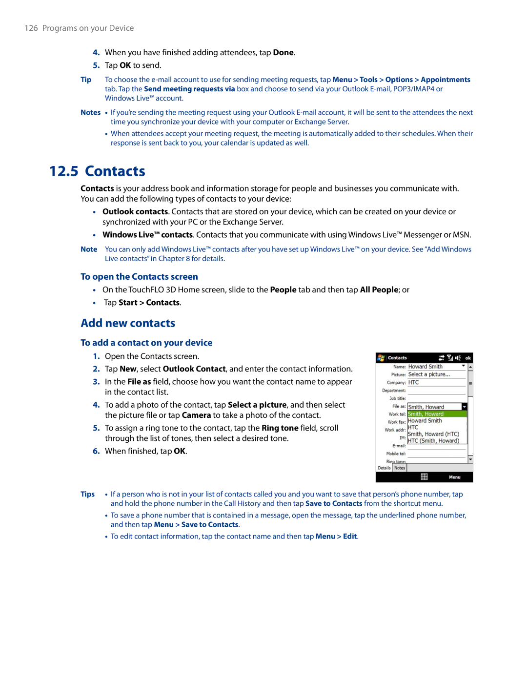 HTC AM171 manual Add new contacts, To open the Contacts screen, To add a contact on your device 