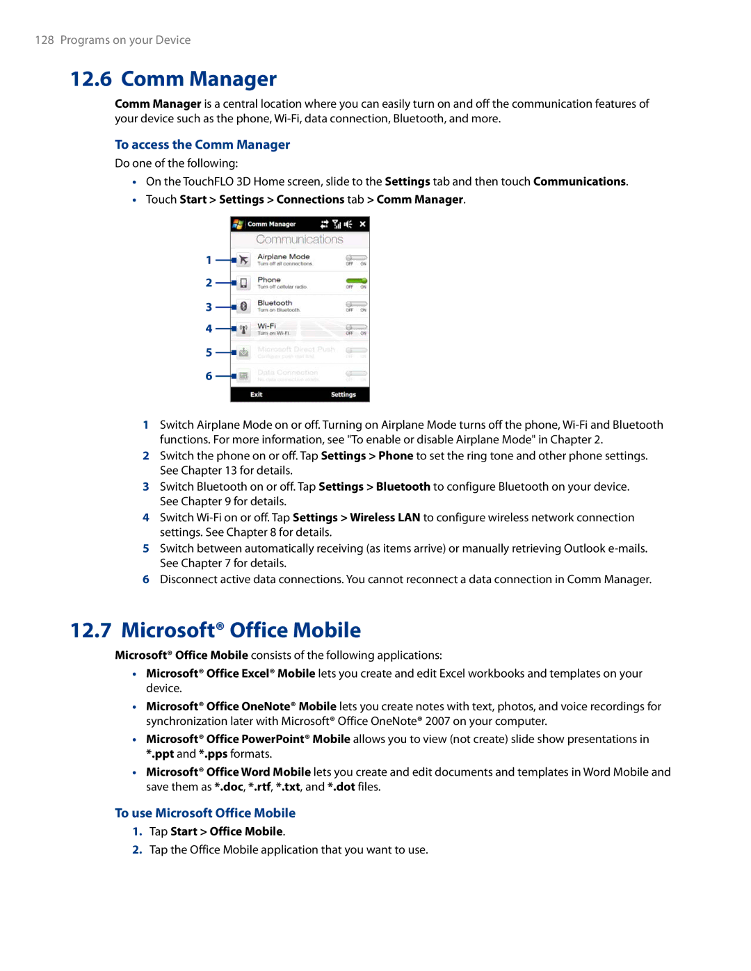 HTC AM171 manual To access the Comm Manager, To use Microsoft Office Mobile 