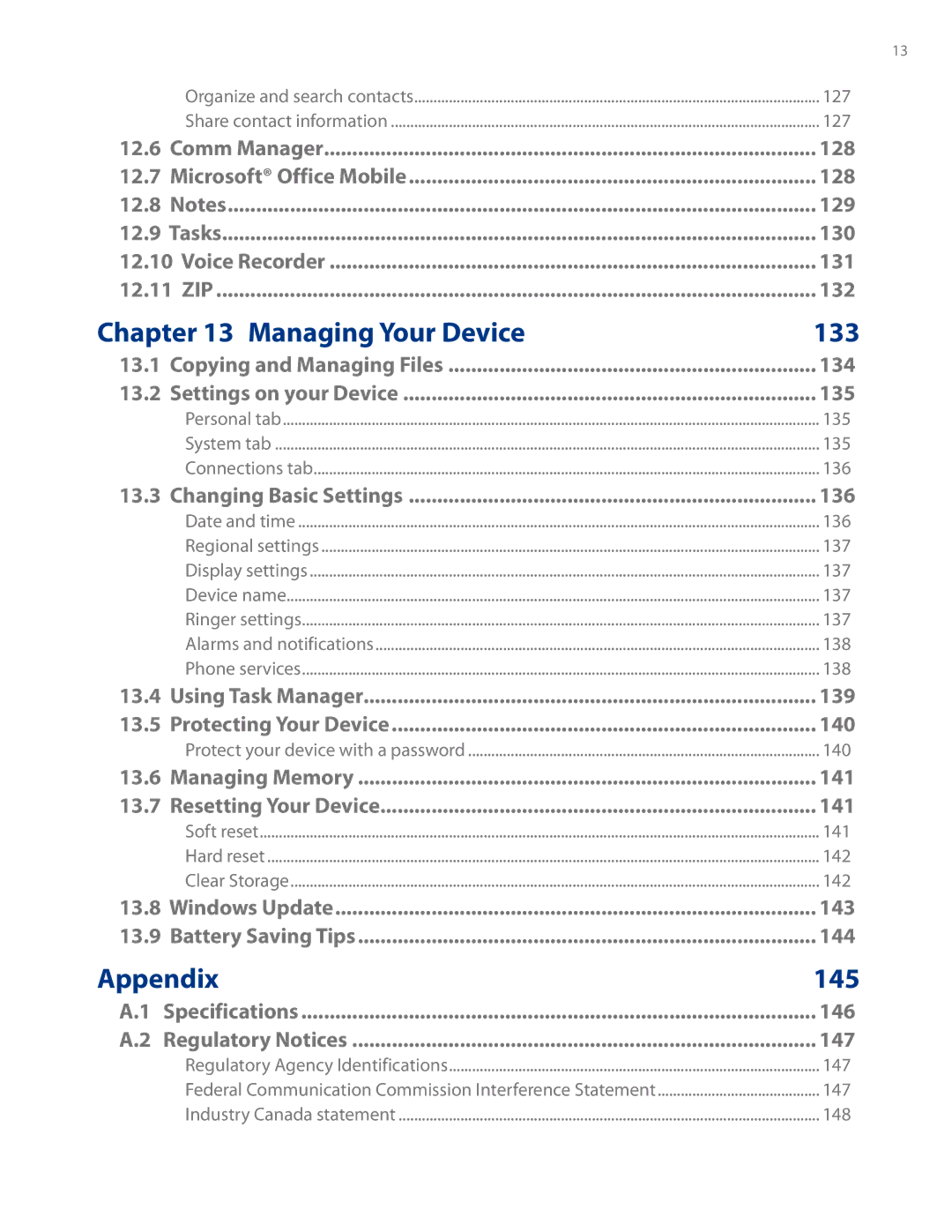 HTC AM171 manual Managing Your Device 133, Appendix 145 