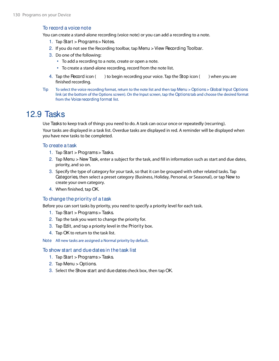 HTC AM171 manual Tasks, To record a voice note, To create a task, To change the priority of a task 