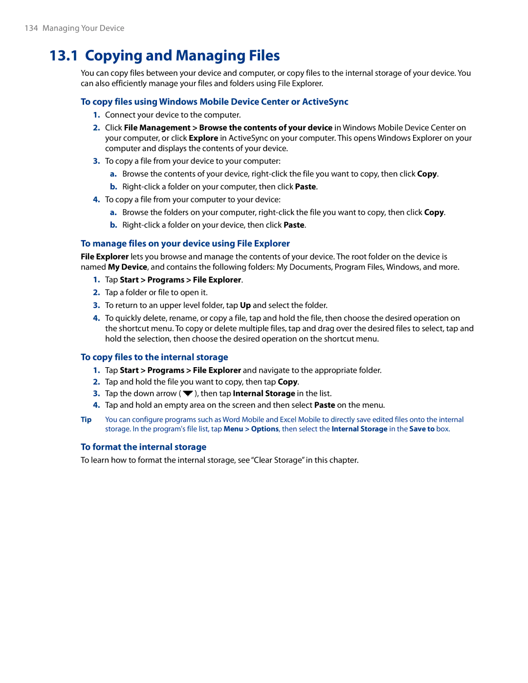 HTC AM171 Copying and Managing Files, To manage files on your device using File Explorer, To format the internal storage 