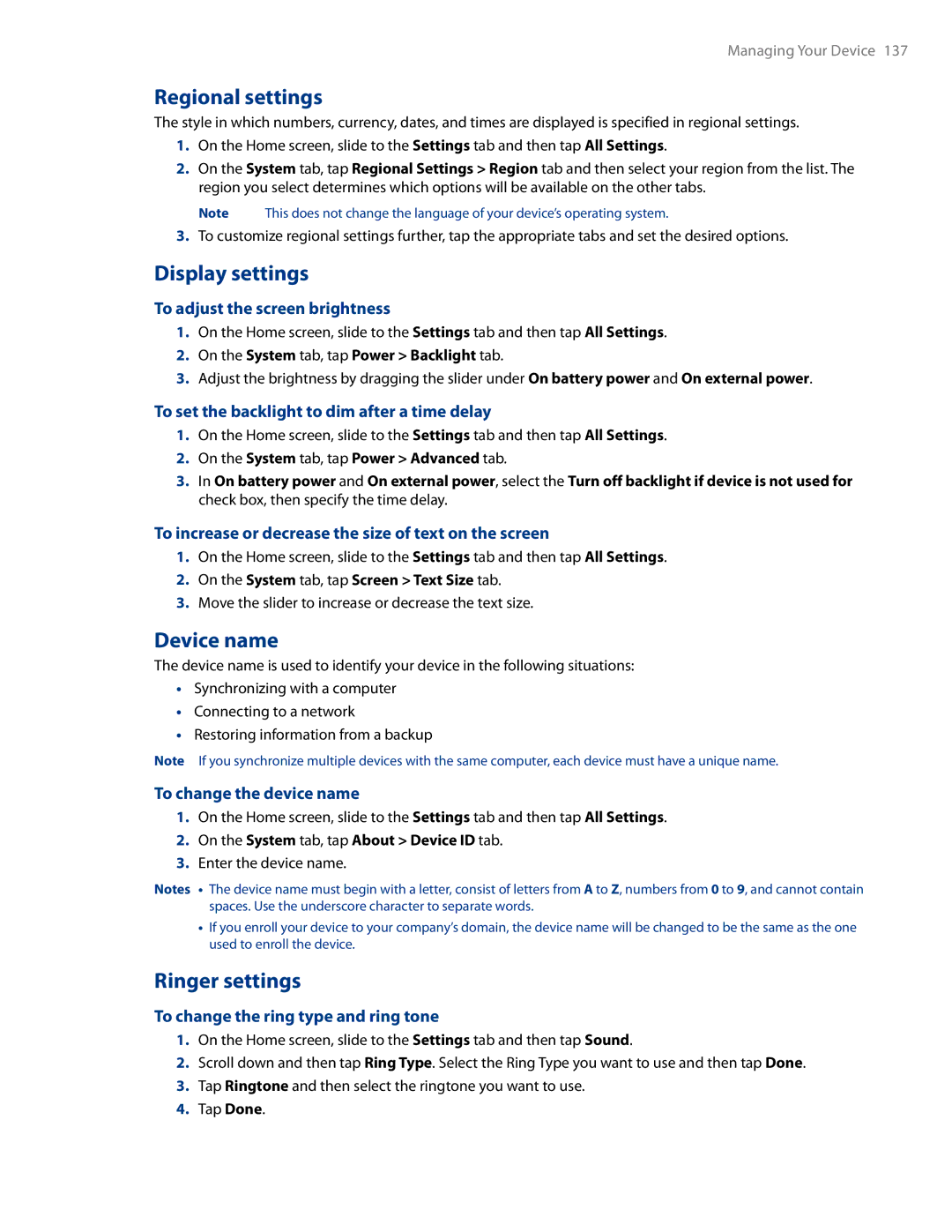 HTC AM171 manual Regional settings, Display settings, Device name, Ringer settings 