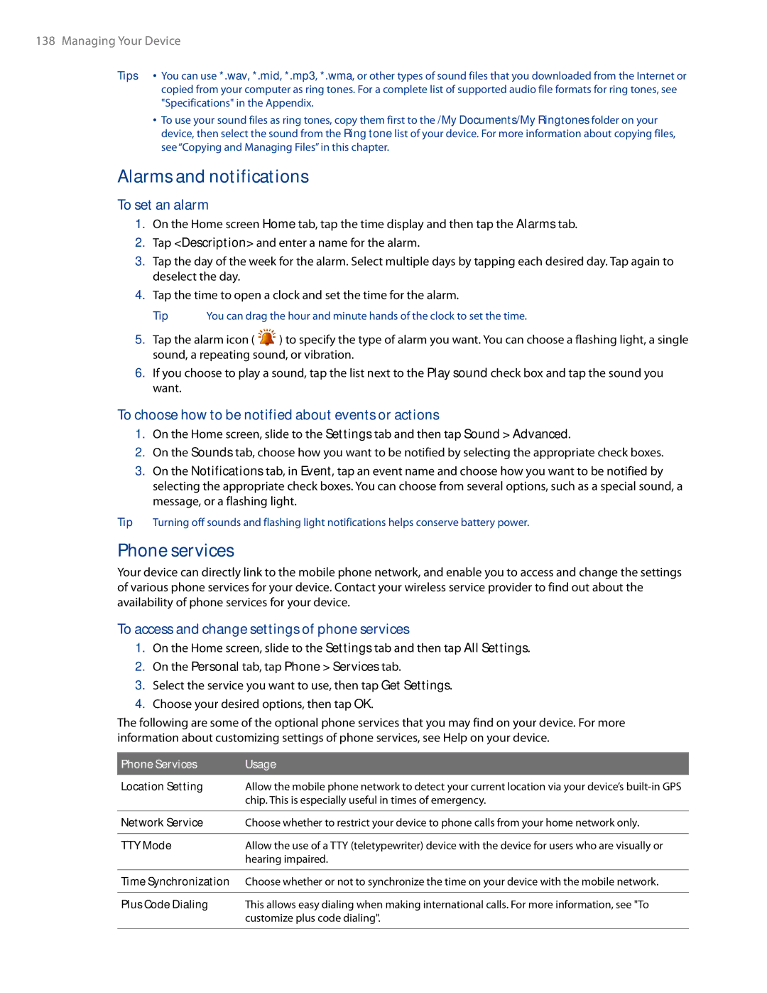 HTC AM171 Alarms and notifications, Phone services, To set an alarm, To choose how to be notified about events or actions 