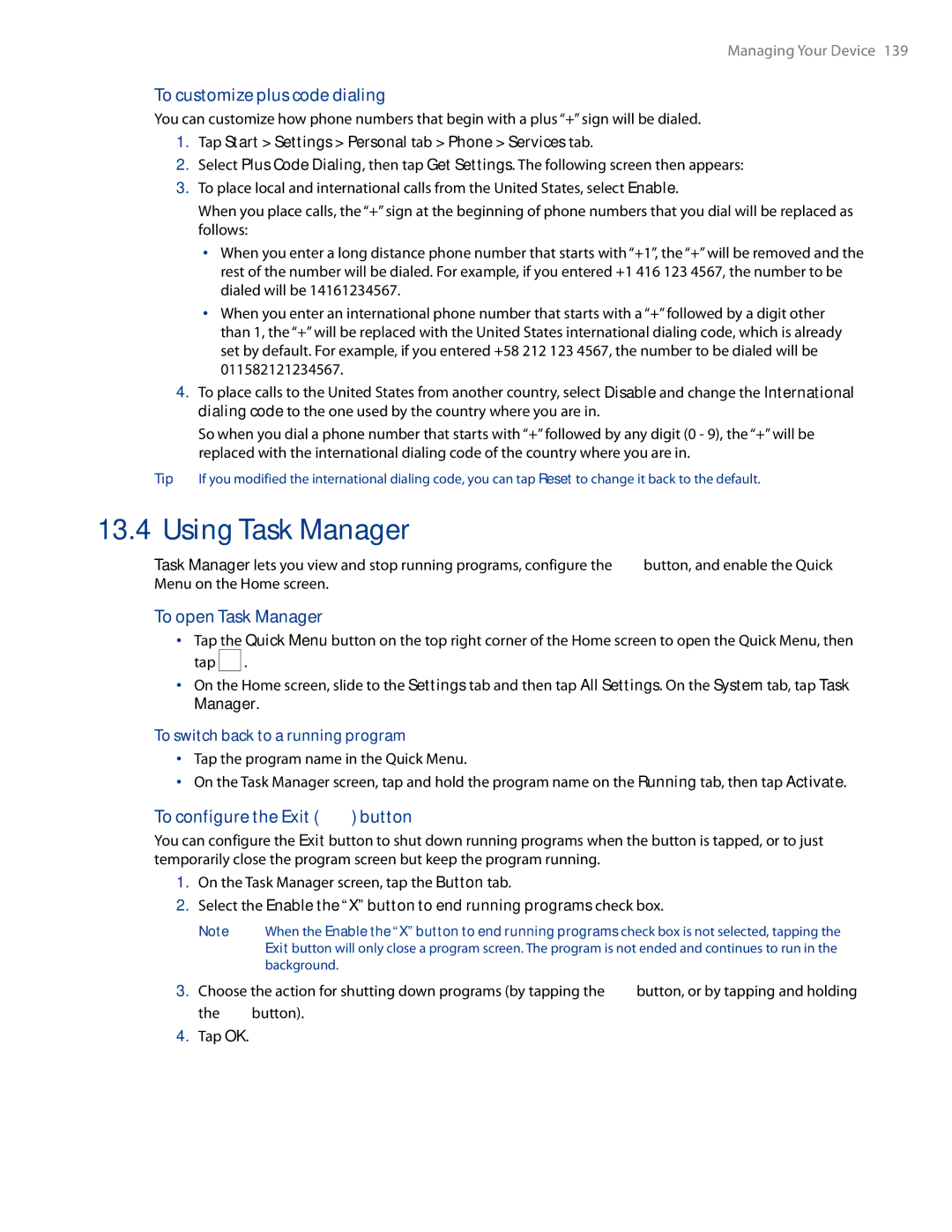 HTC AM171 manual Using Task Manager, To customize plus code dialing, To open Task Manager, To configure the Exit button 