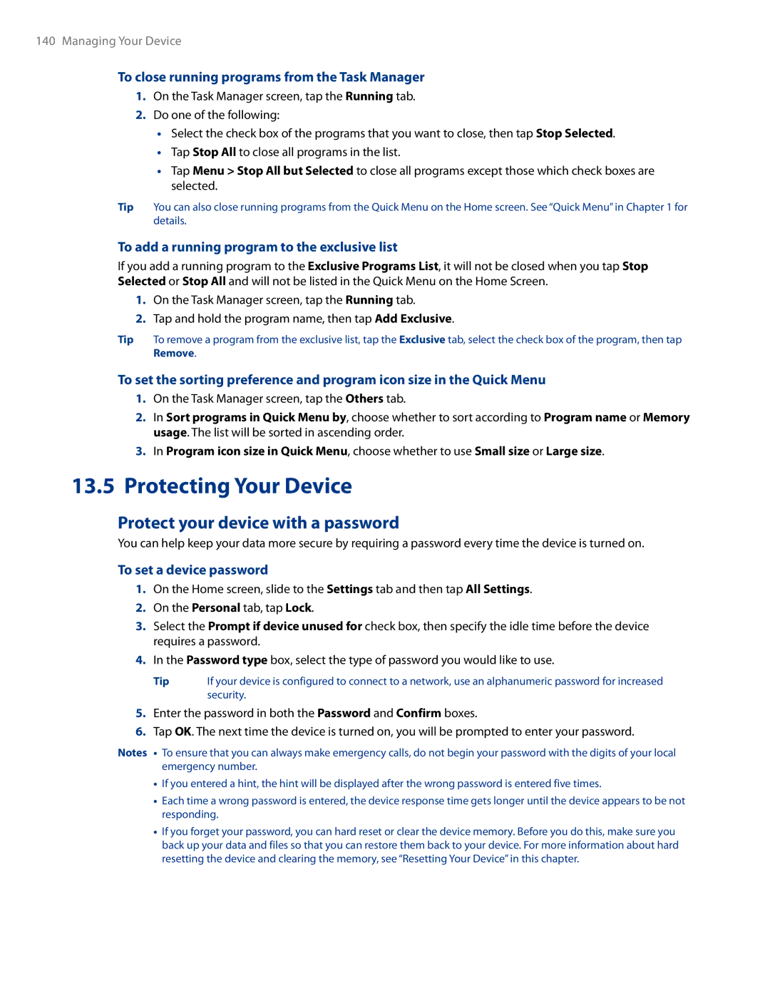 HTC AM171 Protecting Your Device, Protect your device with a password, To close running programs from the Task Manager 