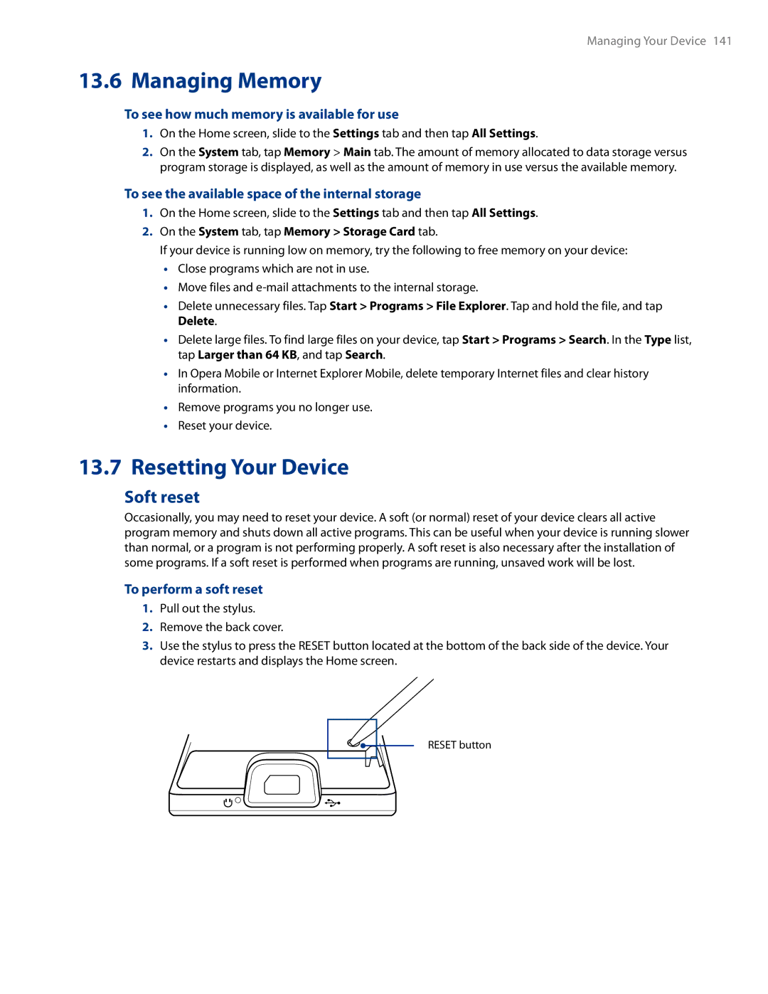 HTC AM171 manual Managing Memory, Resetting Your Device, Soft reset 