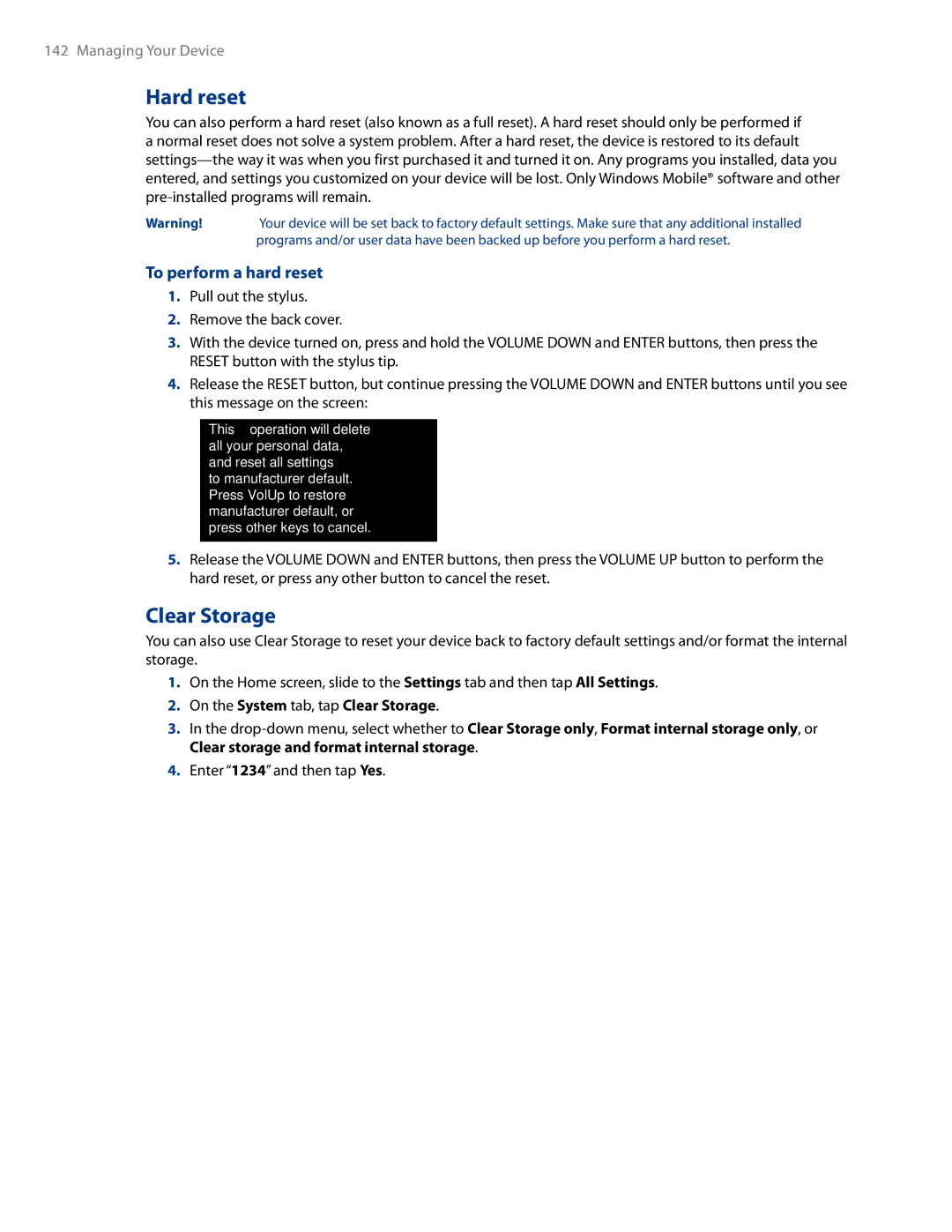 HTC AM171 manual Hard reset, To perform a hard reset, On the System tab, tap Clear Storage 