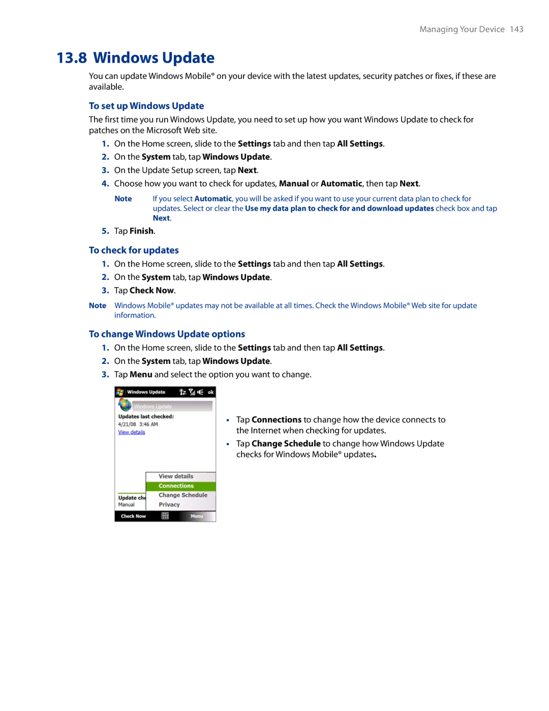 HTC AM171 manual To set up Windows Update, To check for updates, To change Windows Update options 