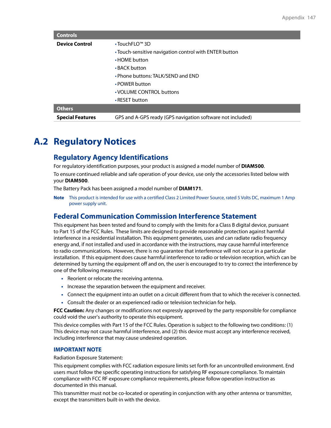 HTC AM171 Regulatory Notices, Regulatory Agency Identifications, Federal Communication Commission Interference Statement 