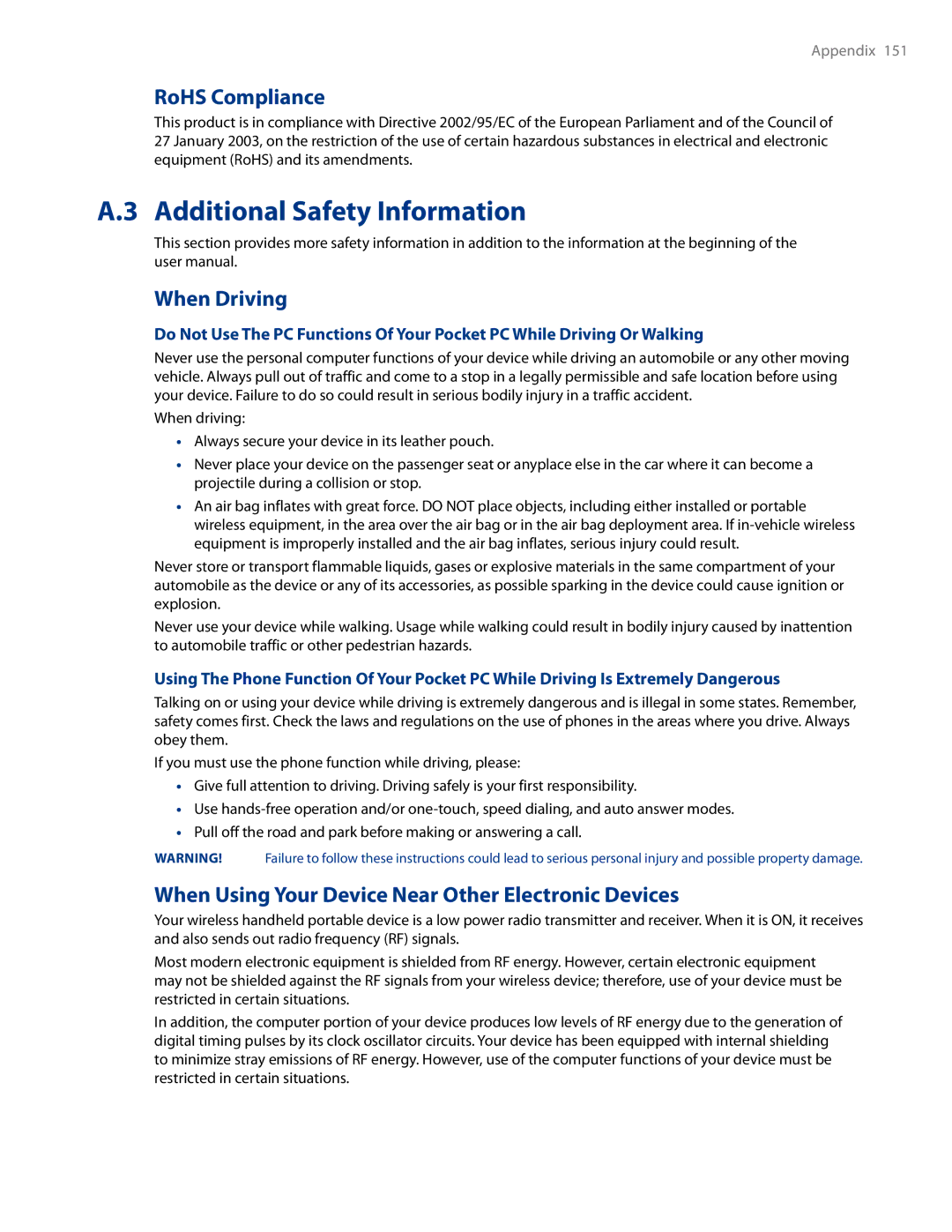 HTC AM171 manual Additional Safety Information, RoHS Compliance, When Driving 