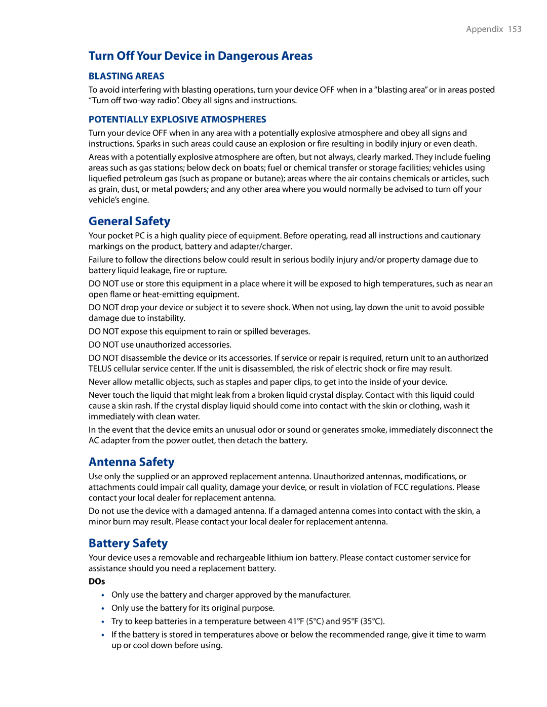 HTC AM171 manual Turn Off Your Device in Dangerous Areas, General Safety, Antenna Safety, Battery Safety, DOs 