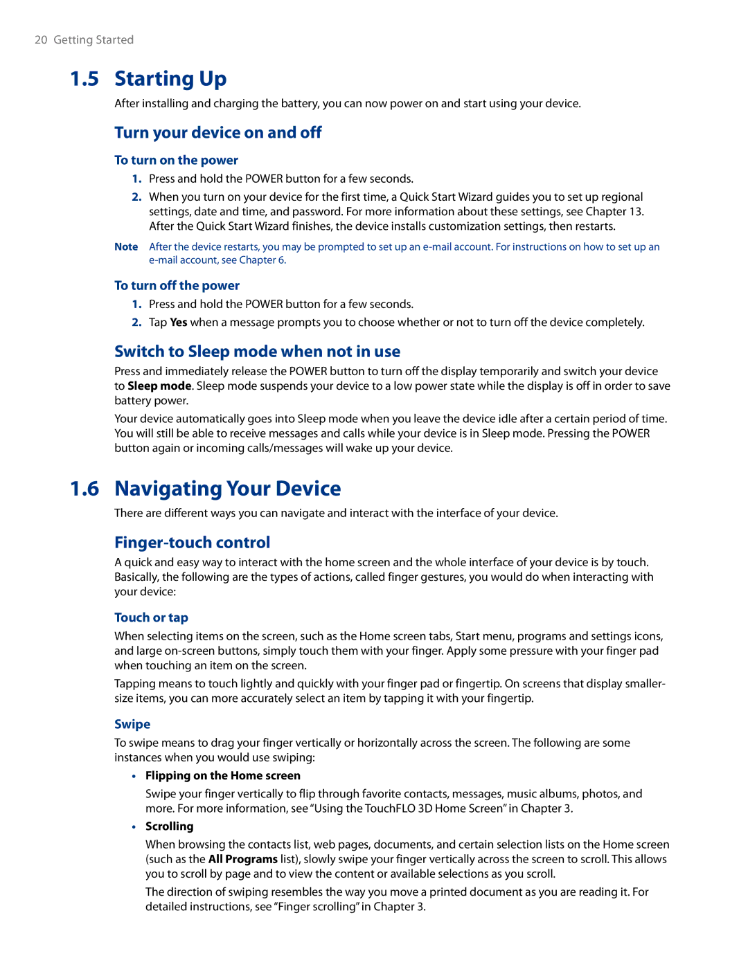 HTC AM171 manual Starting Up, Navigating Your Device, Turn your device on and off, Switch to Sleep mode when not in use 