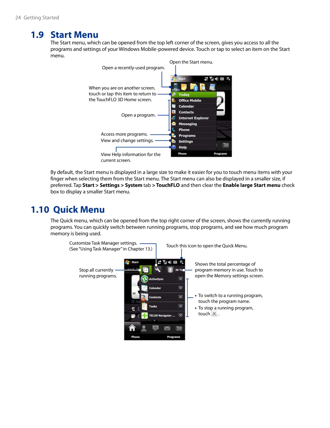 HTC AM171 manual Start Menu, Quick Menu 