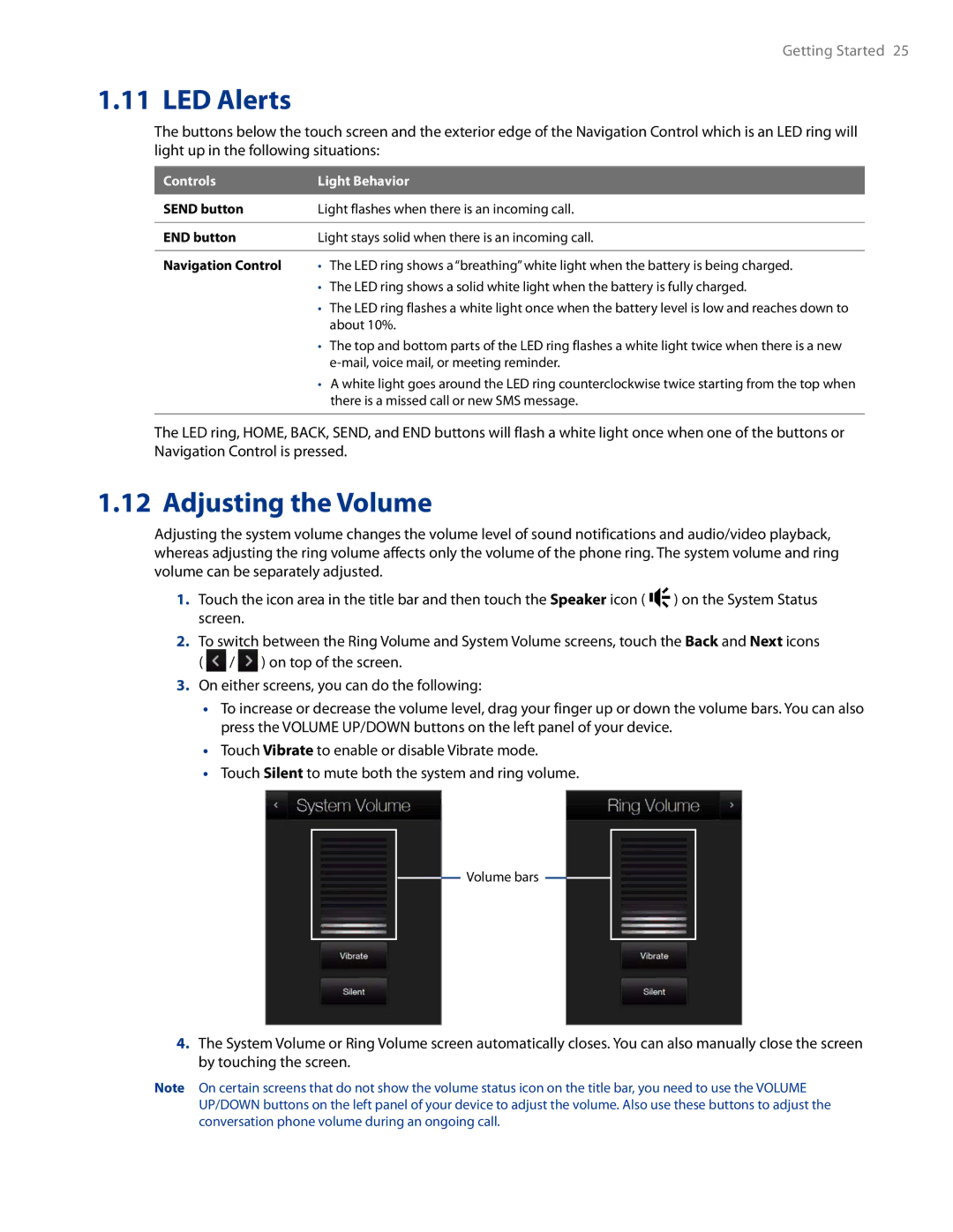 HTC AM171 manual LED Alerts, Adjusting the Volume, Controls Light Behavior 