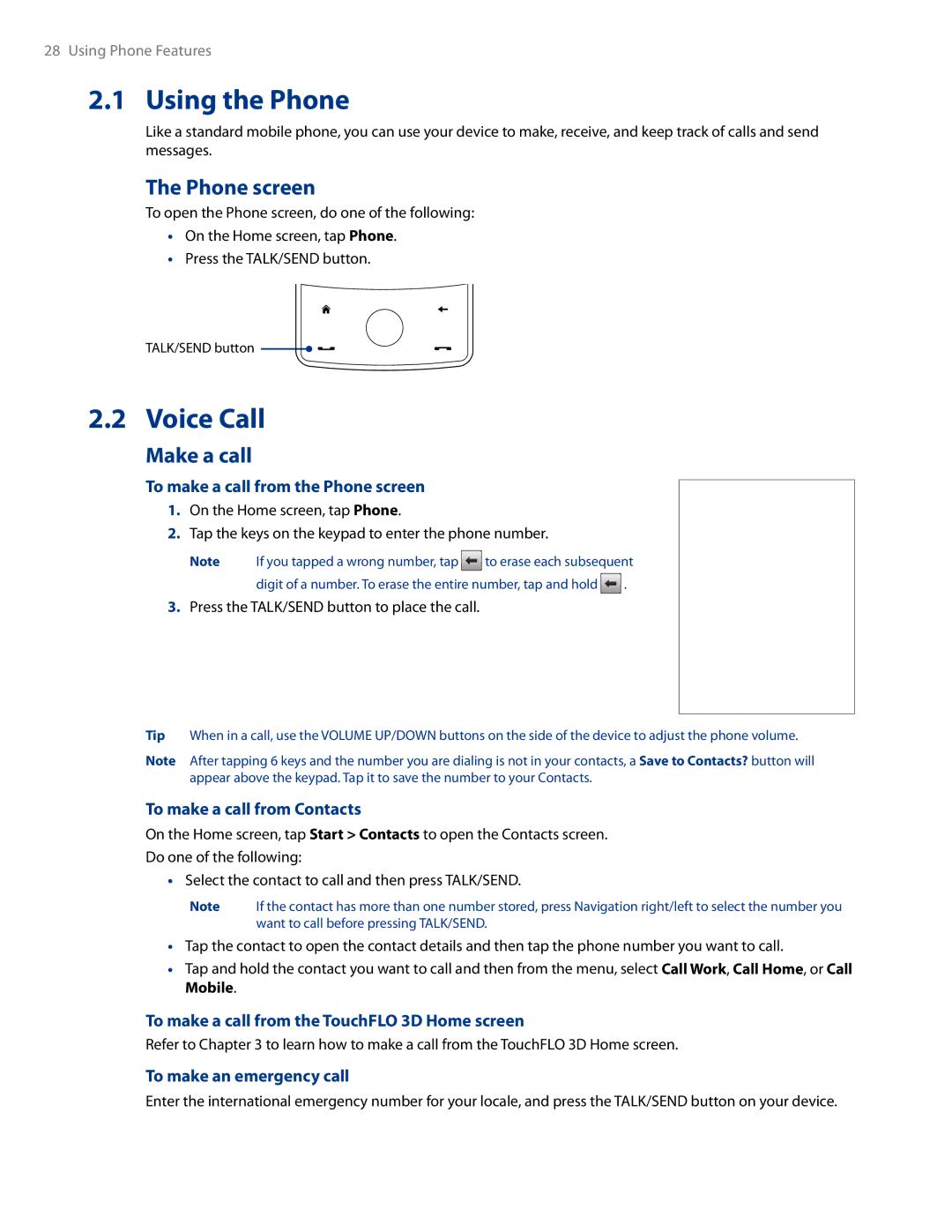 HTC AM171 manual Using the Phone, Voice Call, Phone screen, Make a call 