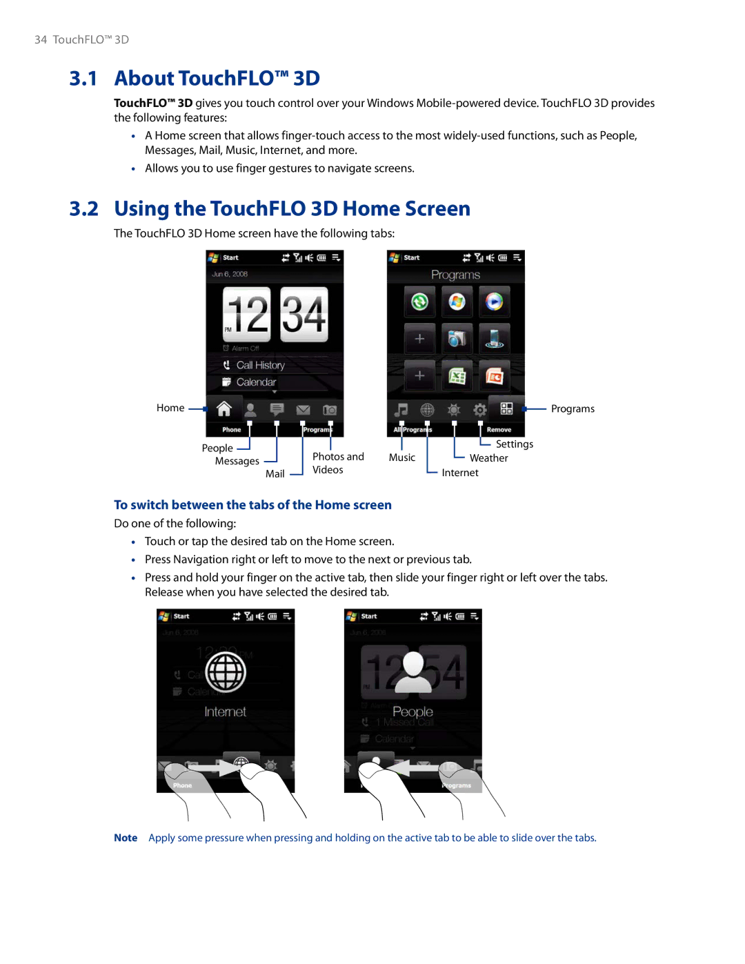 HTC AM171 manual About TouchFLO 3D, Using the TouchFLO 3D Home Screen, To switch between the tabs of the Home screen 