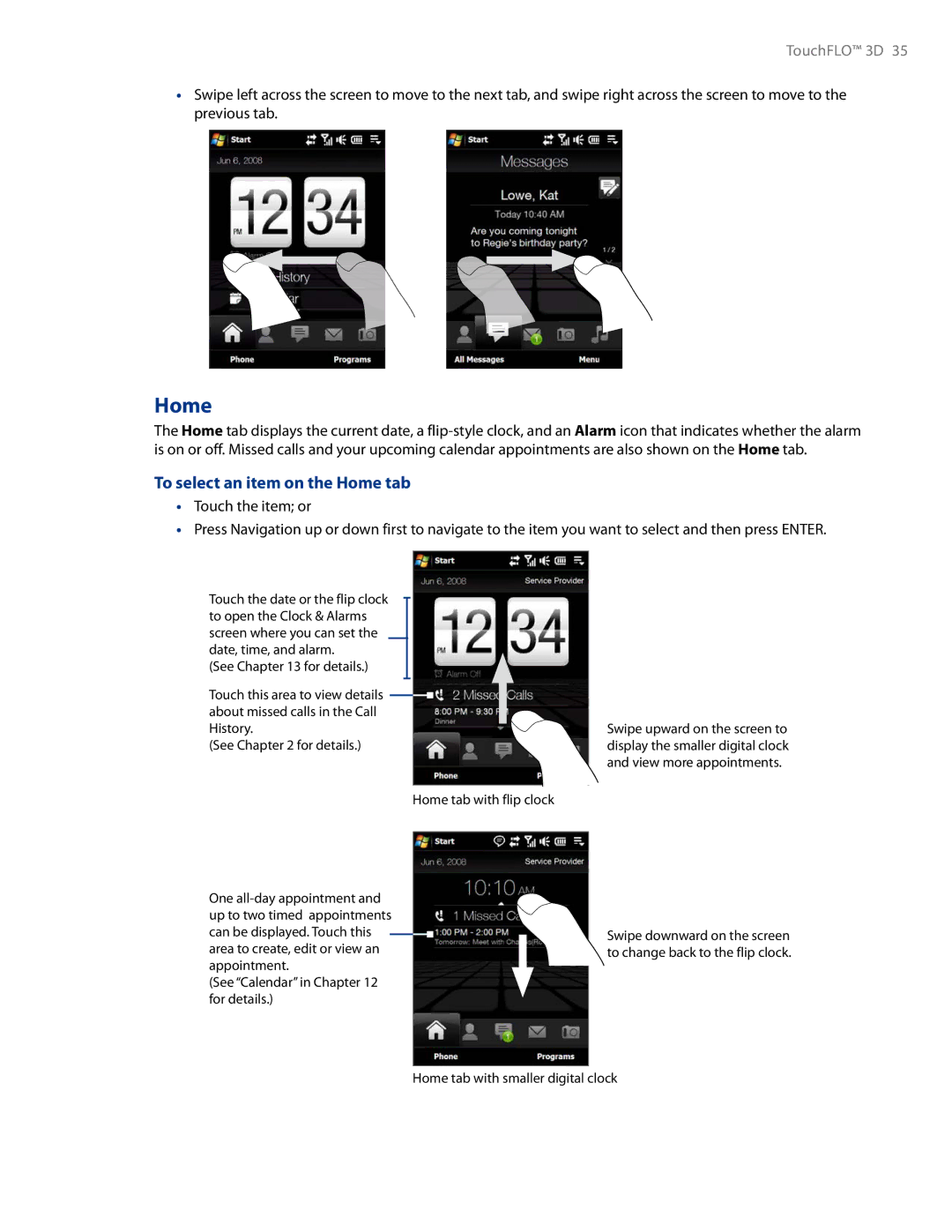 HTC AM171 manual To select an item on the Home tab 