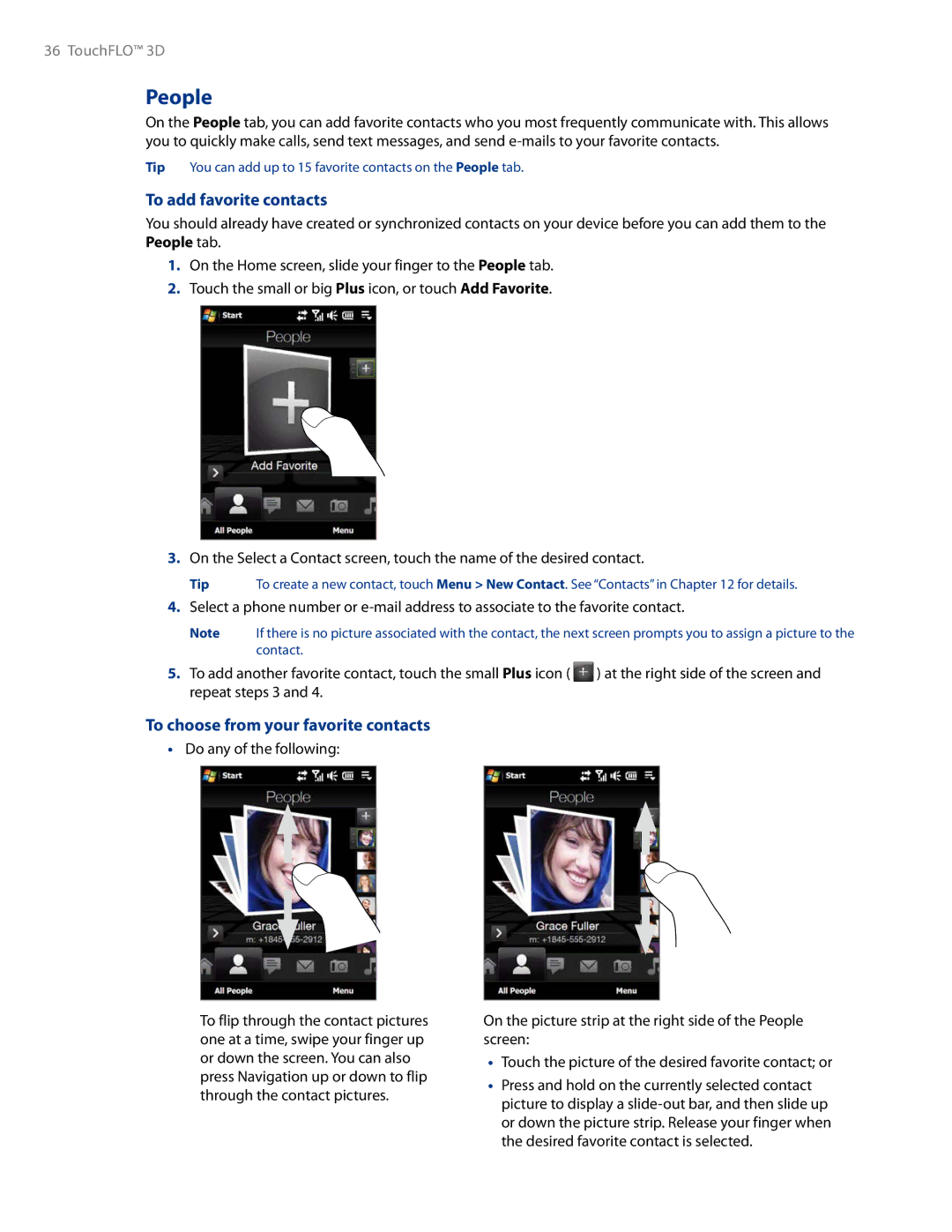 HTC AM171 manual People, To add favorite contacts, To choose from your favorite contacts, Do any of the following 