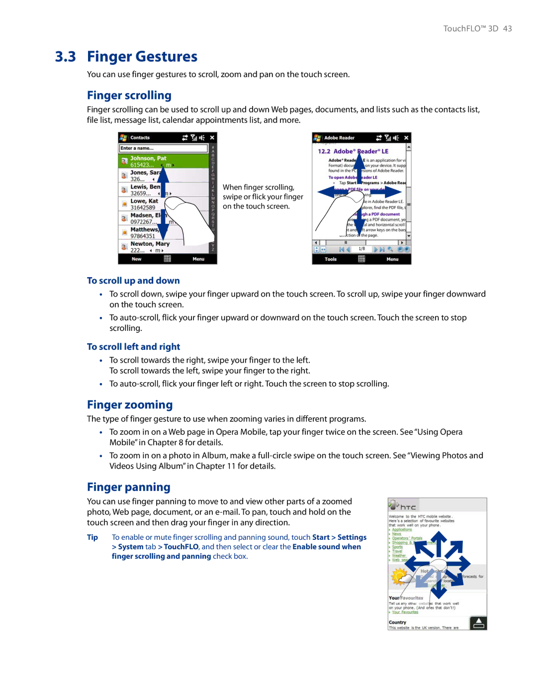 HTC AM171 manual Finger Gestures, Finger scrolling, Finger zooming, Finger panning 