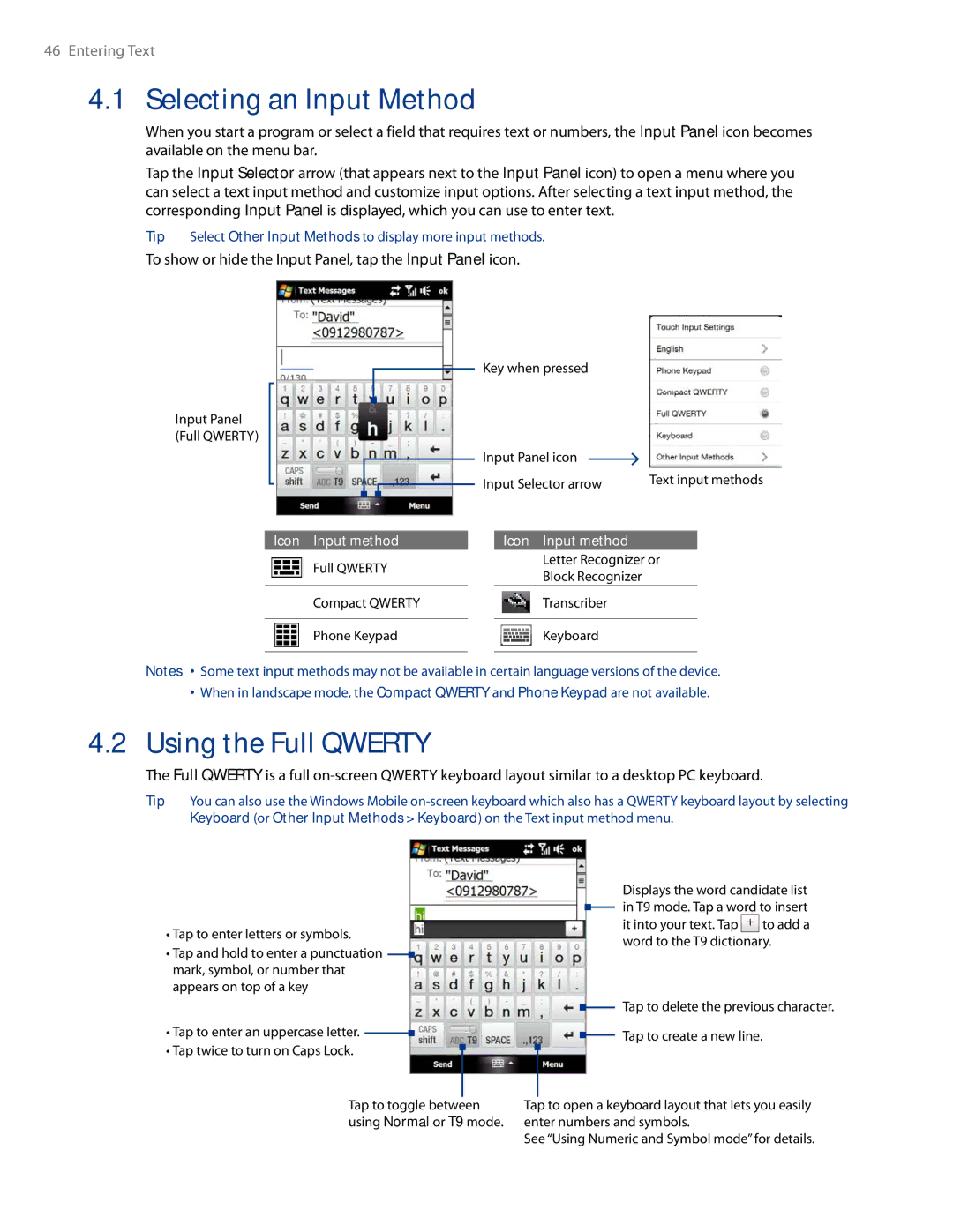 HTC AM171 Selecting an Input Method, Using the Full Qwerty, To show or hide the Input Panel, tap the Input Panel icon 