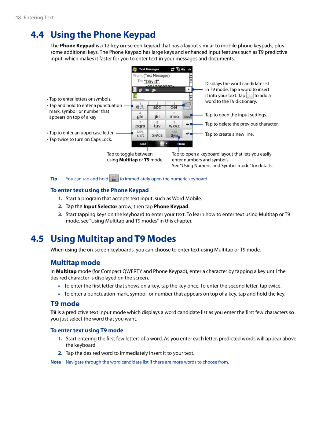 HTC AM171 manual Using the Phone Keypad, Using Multitap and T9 Modes, Multitap mode, T9 mode 