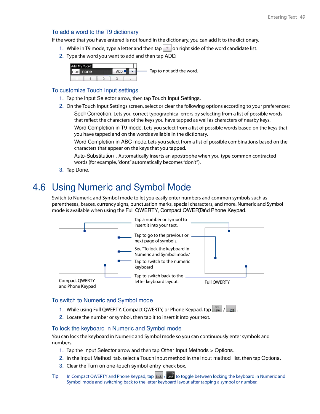 HTC AM171 manual Using Numeric and Symbol Mode, To add a word to the T9 dictionary, To customize Touch Input settings 