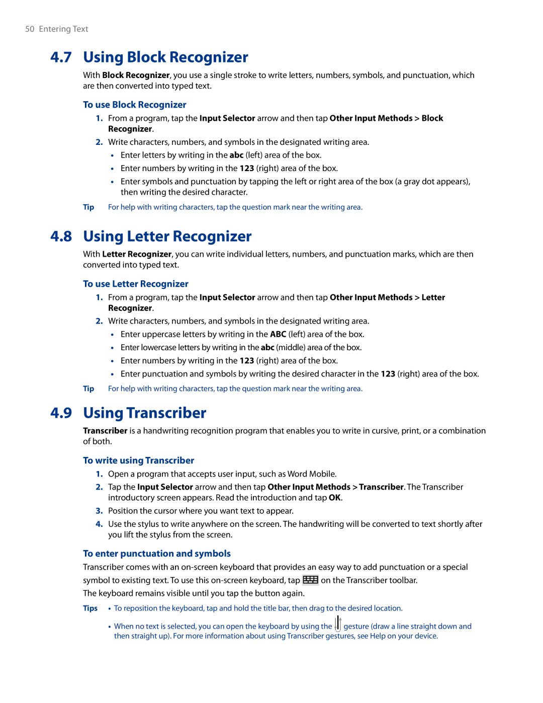 HTC AM171 manual Using Block Recognizer, Using Letter Recognizer, Using Transcriber 