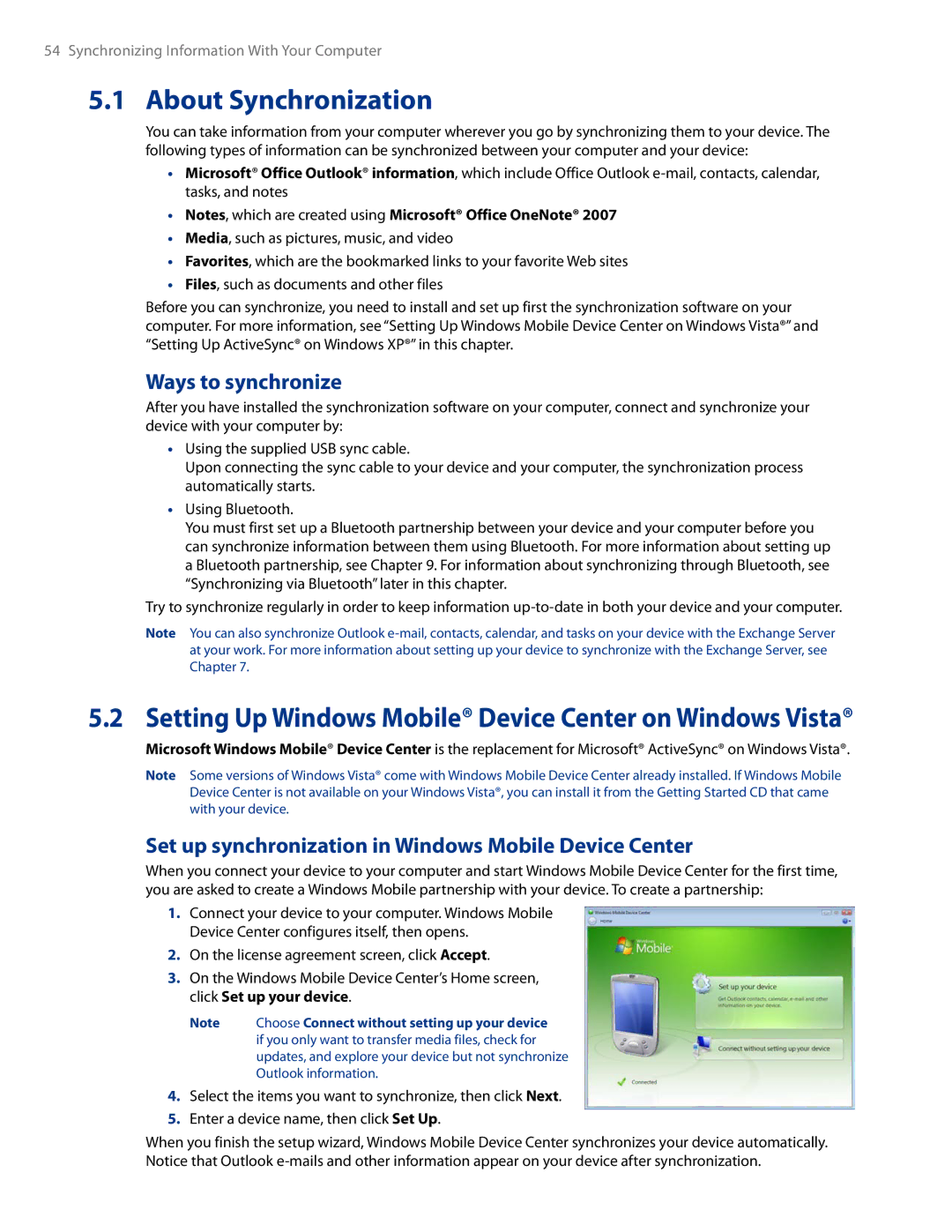 HTC AM171 manual About Synchronization, Ways to synchronize, Set up synchronization in Windows Mobile Device Center 