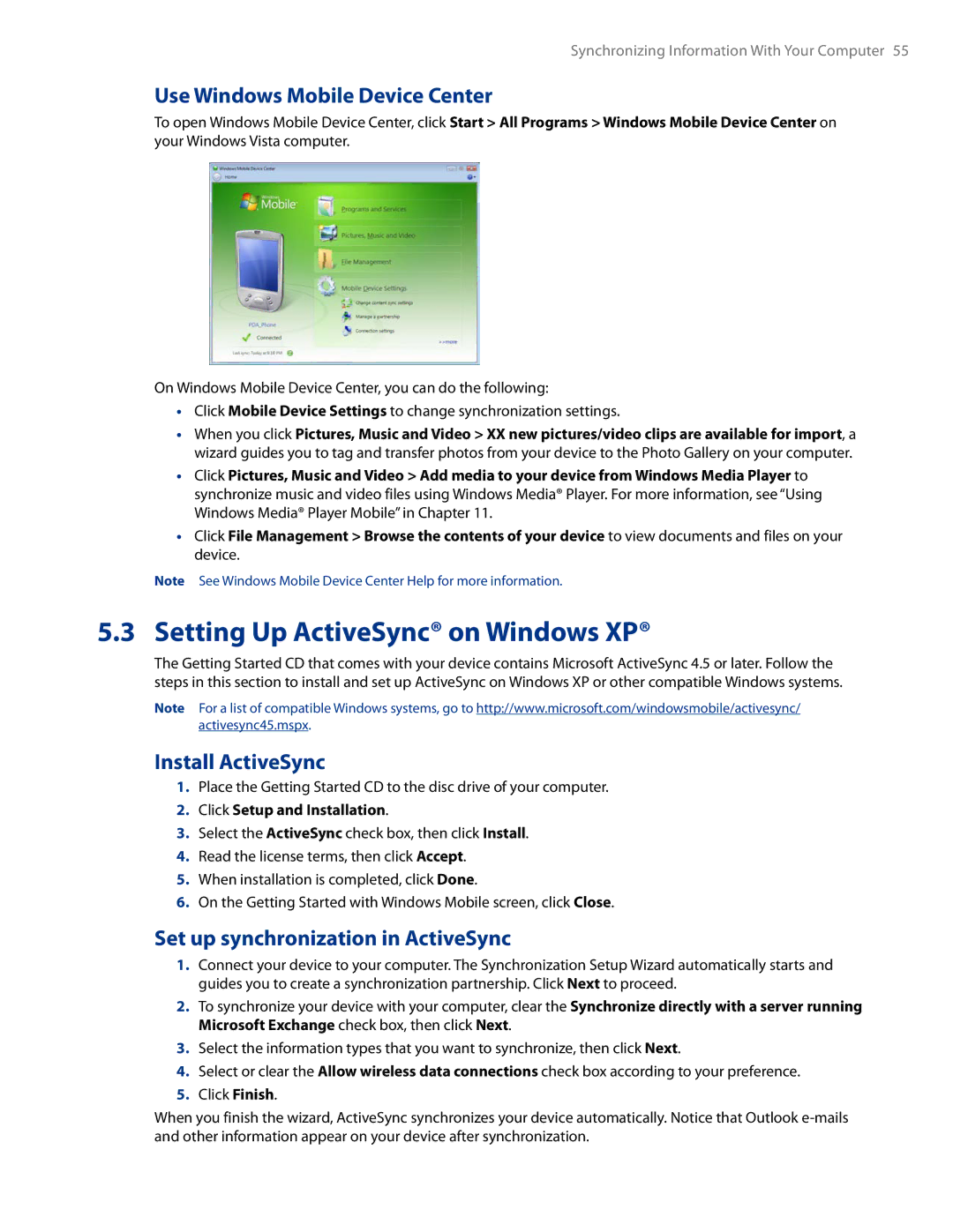 HTC AM171 manual Setting Up ActiveSync on Windows XP, Use Windows Mobile Device Center, Install ActiveSync 