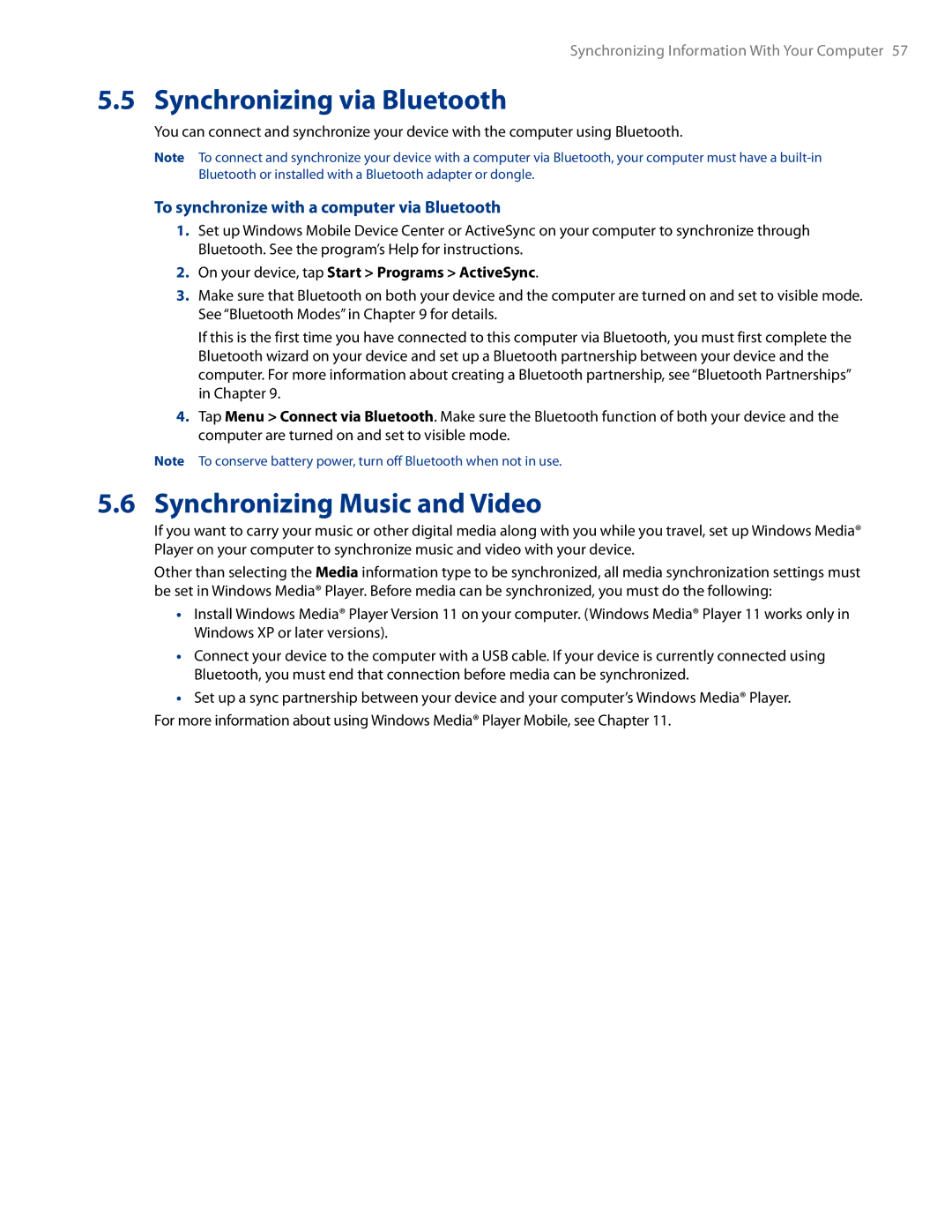 HTC AM171 manual Synchronizing via Bluetooth, Synchronizing Music and Video, To synchronize with a computer via Bluetooth 